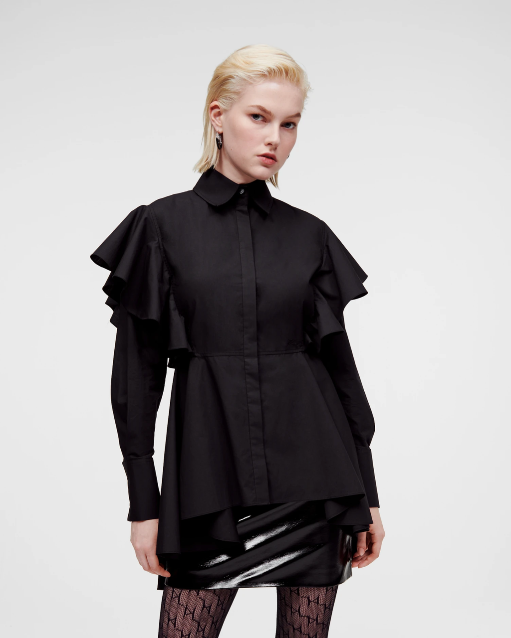 KARL LAGERFELD - HUN'S PICK RUFFLE POPLIN SHIRT BLACK