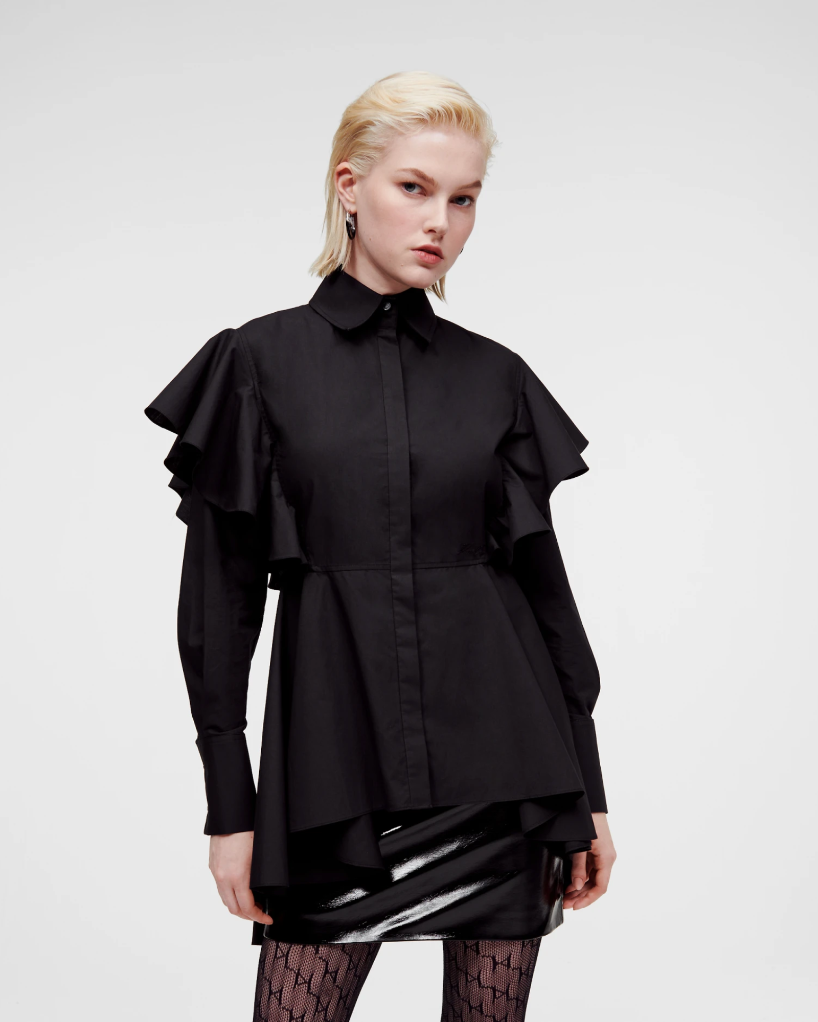 KARL LAGERFELD - HUN'S PICK RUFFLE POPLIN SHIRT BLACK