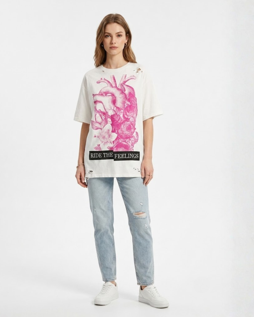BERSHKA - Women's Oversized Distressed Graphic T-Shirt Dress