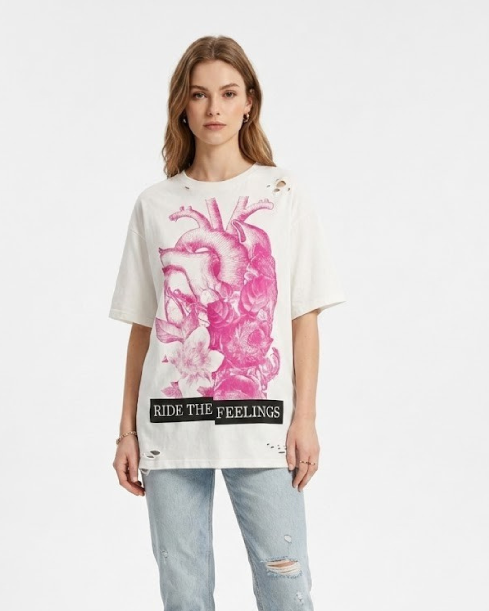 BERSHKA - Women's Oversized Distressed Graphic T-Shirt Dress