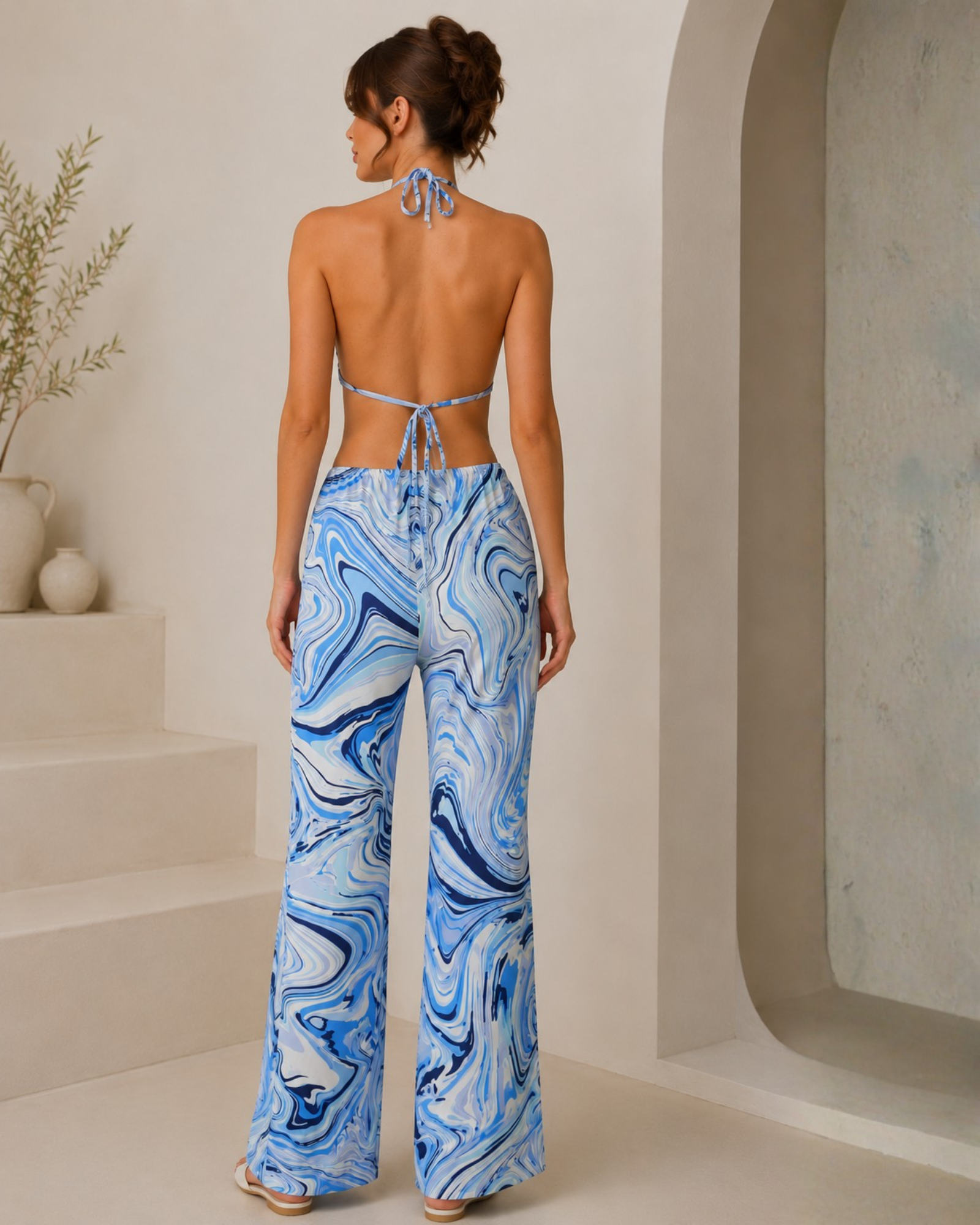 Women's Blue Marble Print Cut-Out Halter Jumpsuit