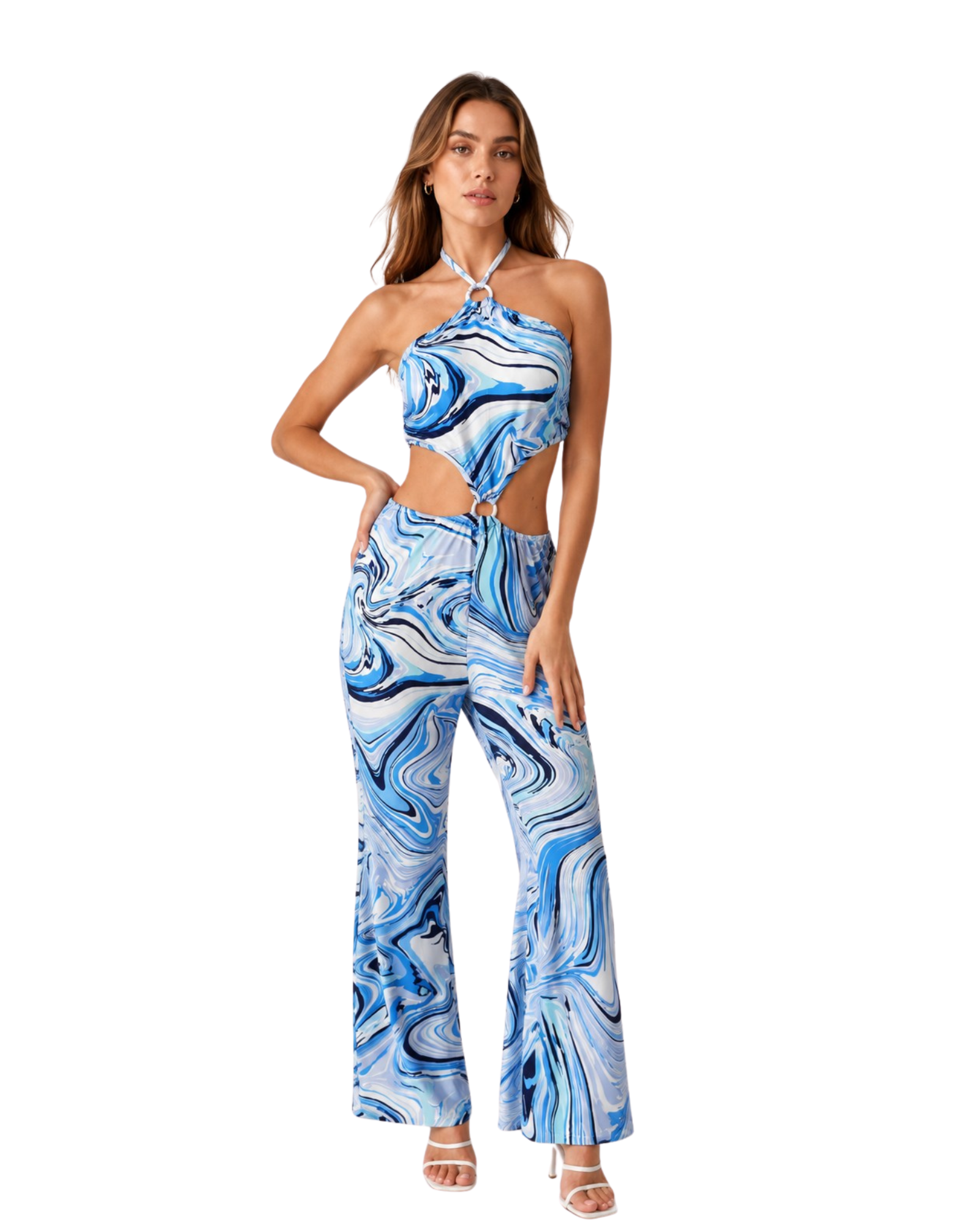 Women's Blue Marble Print Cut-Out Halter Jumpsuit