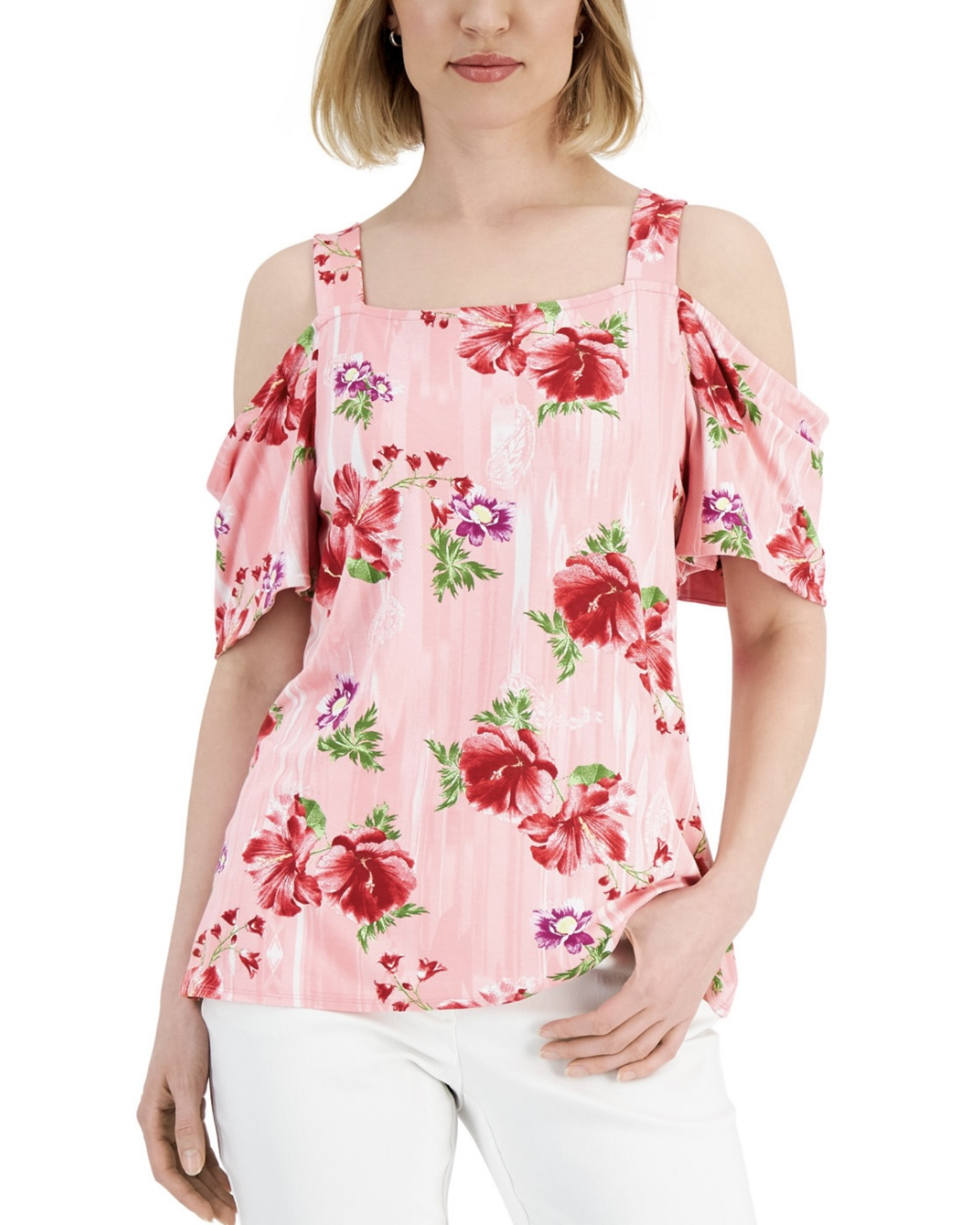 JM COLLECTION - Square-Neck Sleeveless Floral Top