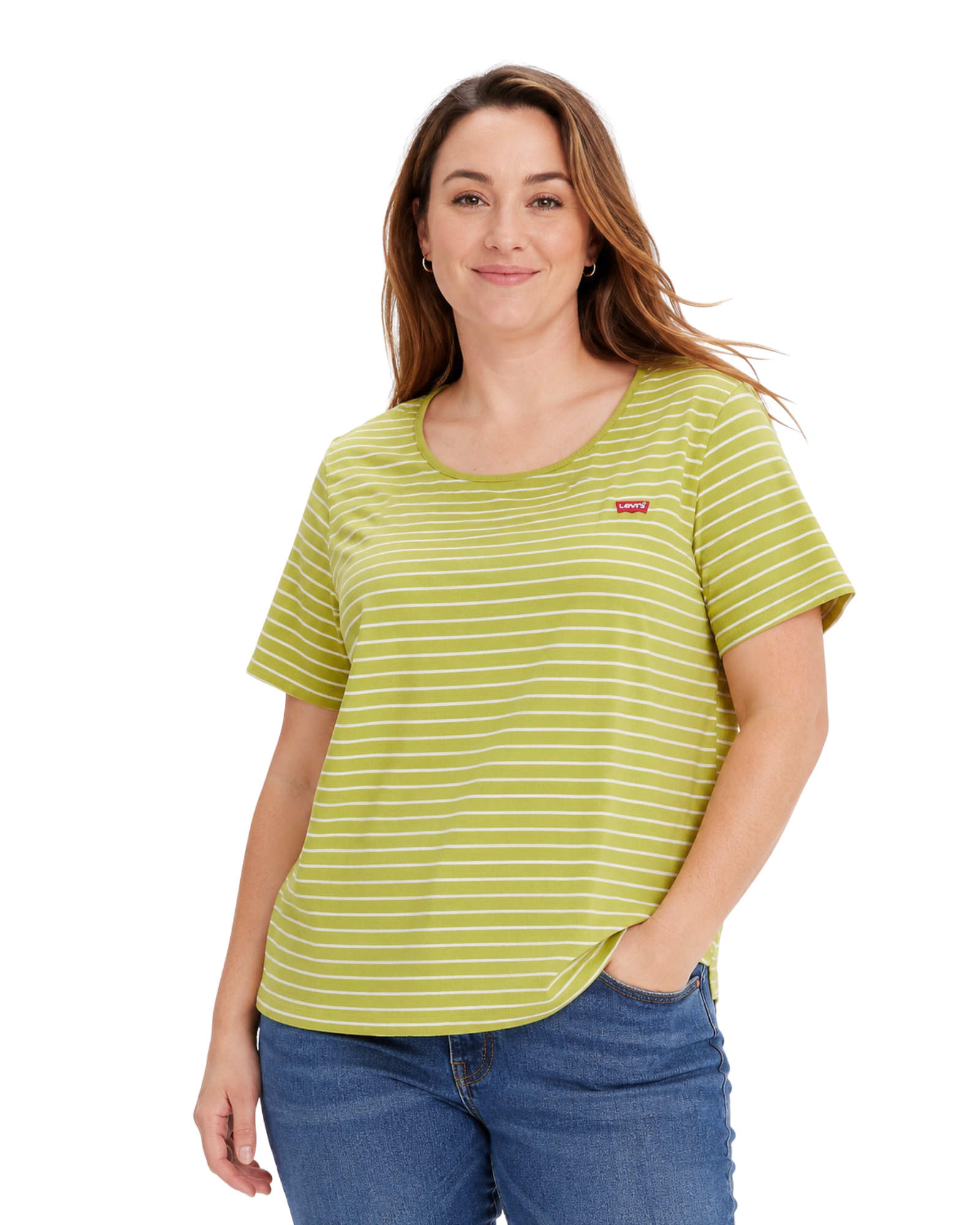 LEVI'S - Women's Green & White Striped Cotton Stretch T-Shirt