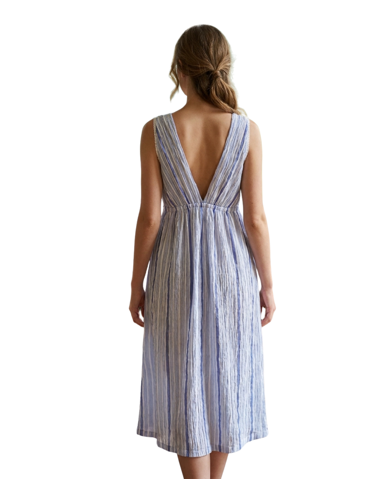 OYSHO - 100% Cotton Striped V-Neck Loungewear Midi Dress