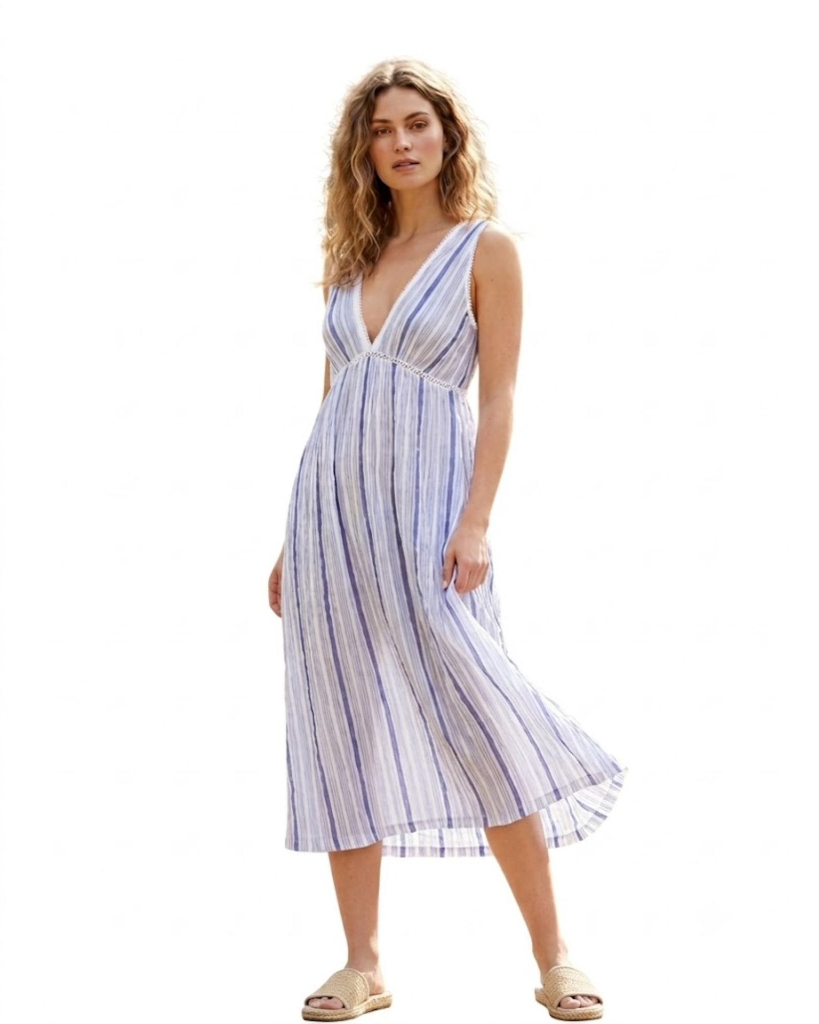 OYSHO - 100% Cotton Striped V-Neck Loungewear Midi Dress