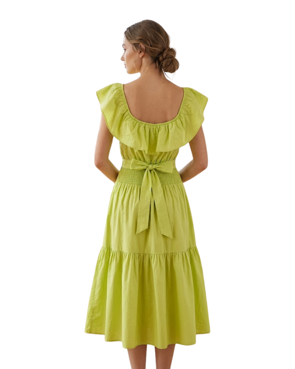 STRADIVARIUS - Lime Green Cotton-Blend ON/Off-the-Shoulder Midi Dress
