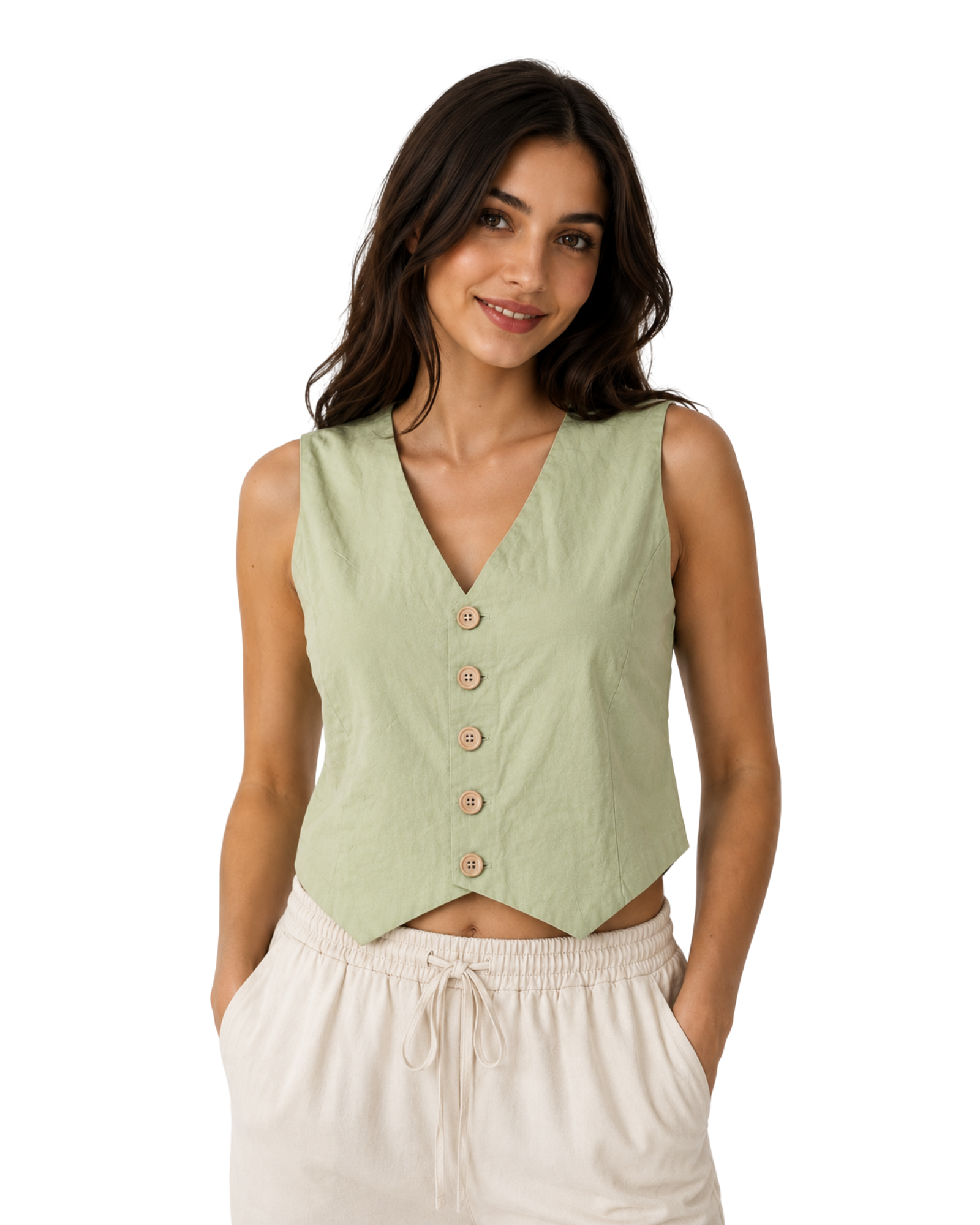 PULL&BEAR - Women's Mint Green Button-Front Sleeveless Vest Top