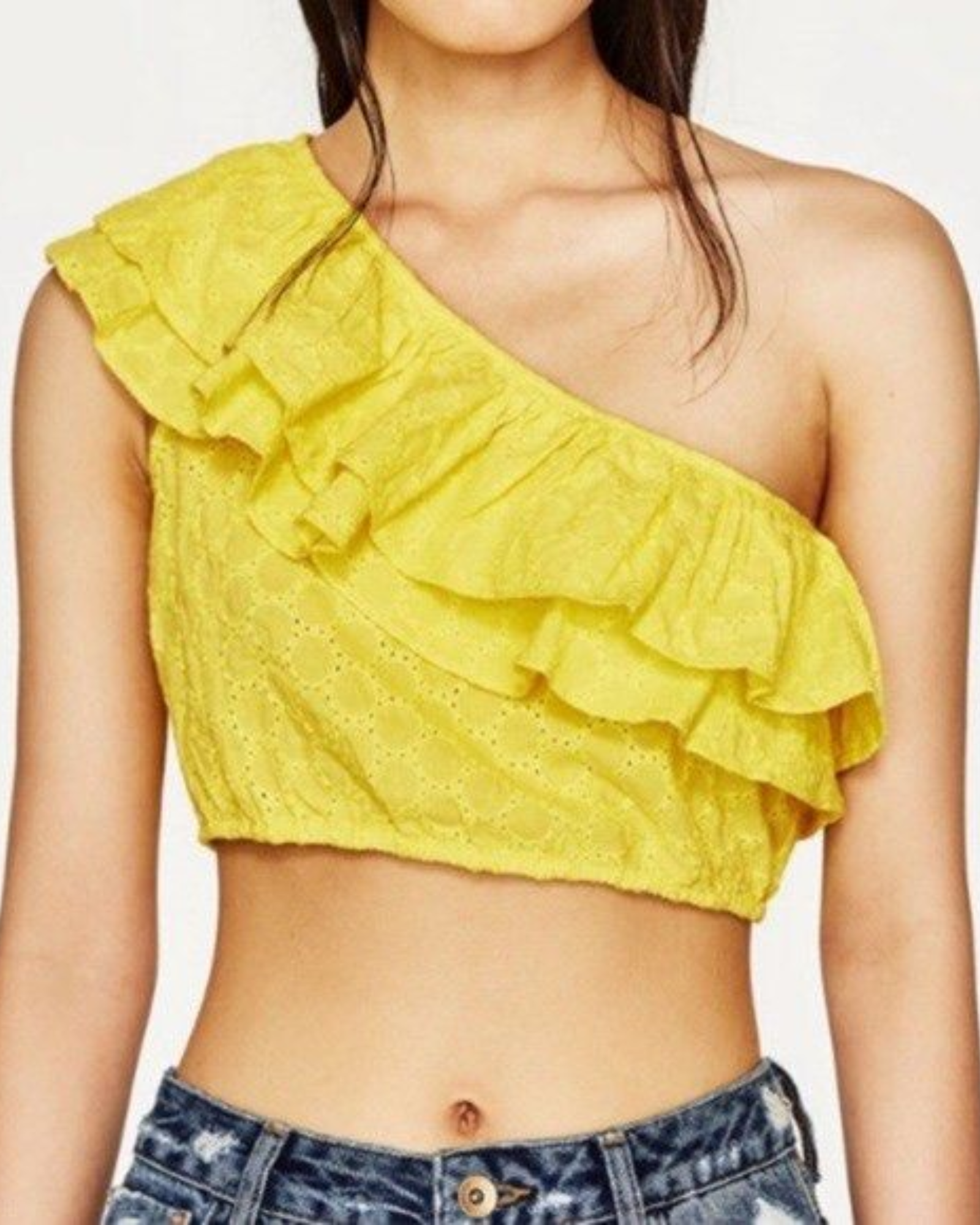 ZARA - Trafaluc Yellow One-Shoulder Eyelet Lace Crop Top