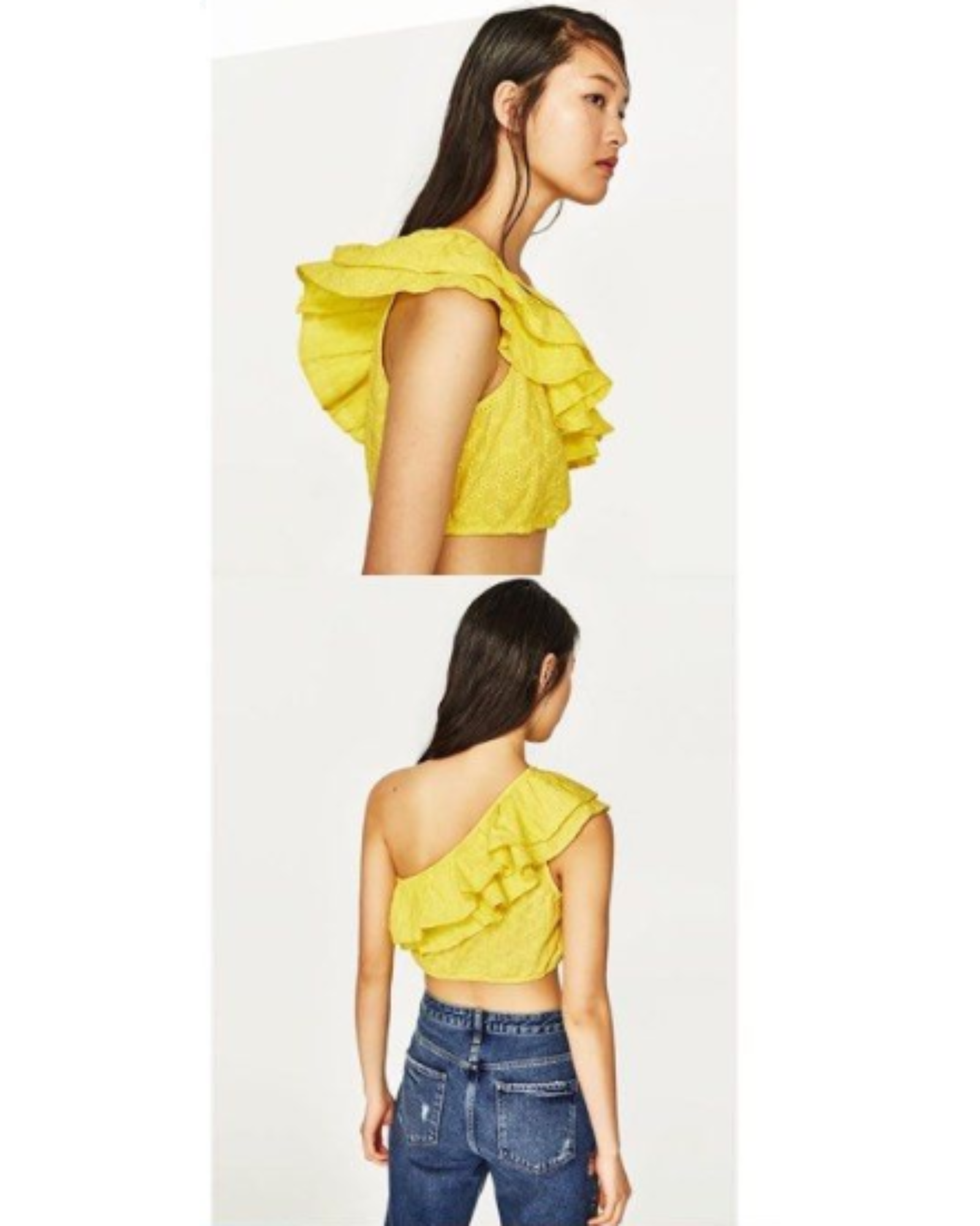 ZARA - Trafaluc Yellow One-Shoulder Eyelet Lace Crop Top