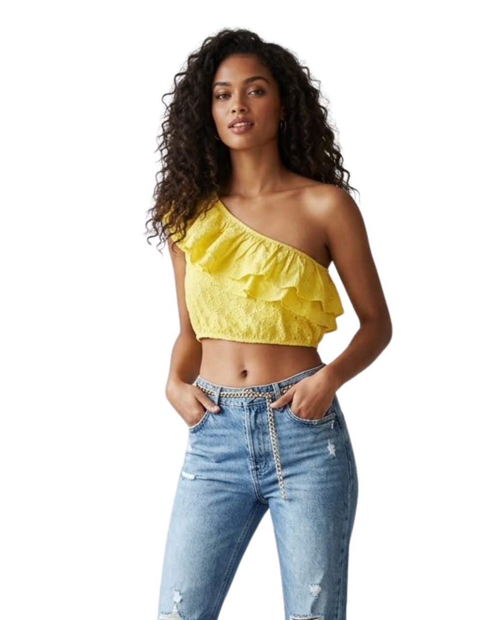 ZARA - Trafaluc Yellow One-Shoulder Eyelet Lace Crop Top
