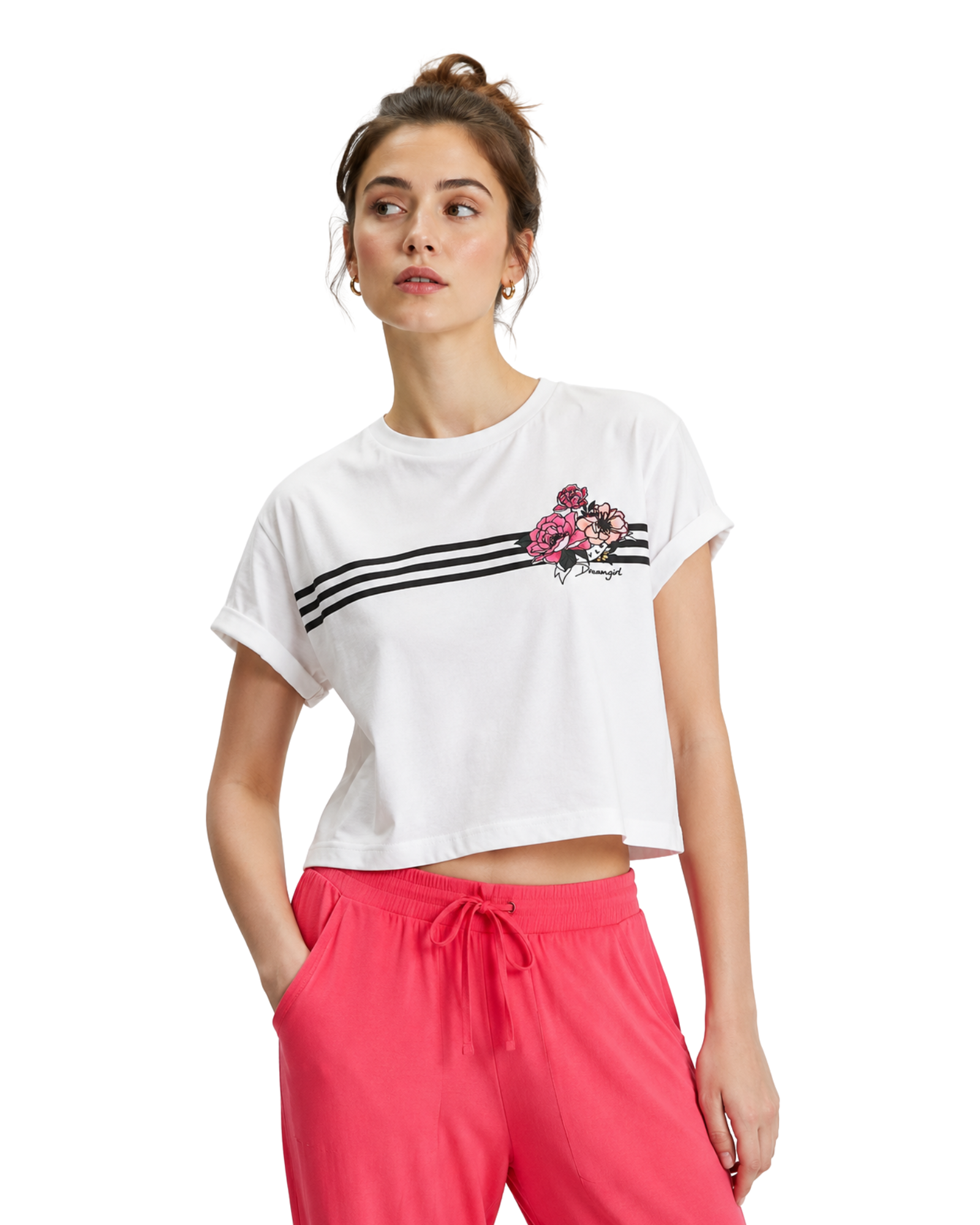 BERSHKA - BSKGirl Women's Lightweight Floral Stripe Cropped T-Shirt