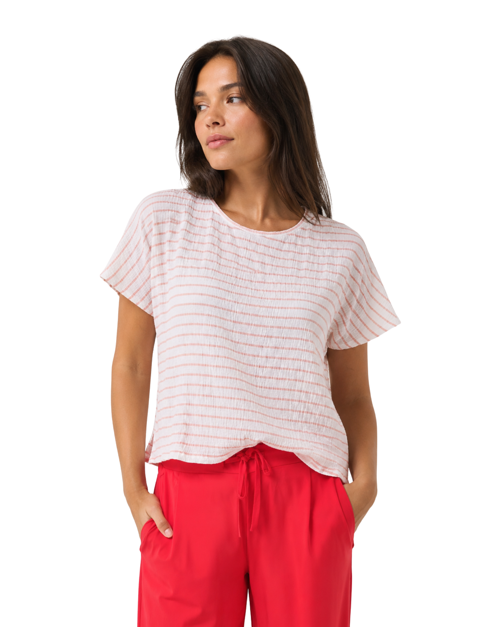 PULL&BEAR - White & Blush Pink Striped Textured Boxy T-Shirt