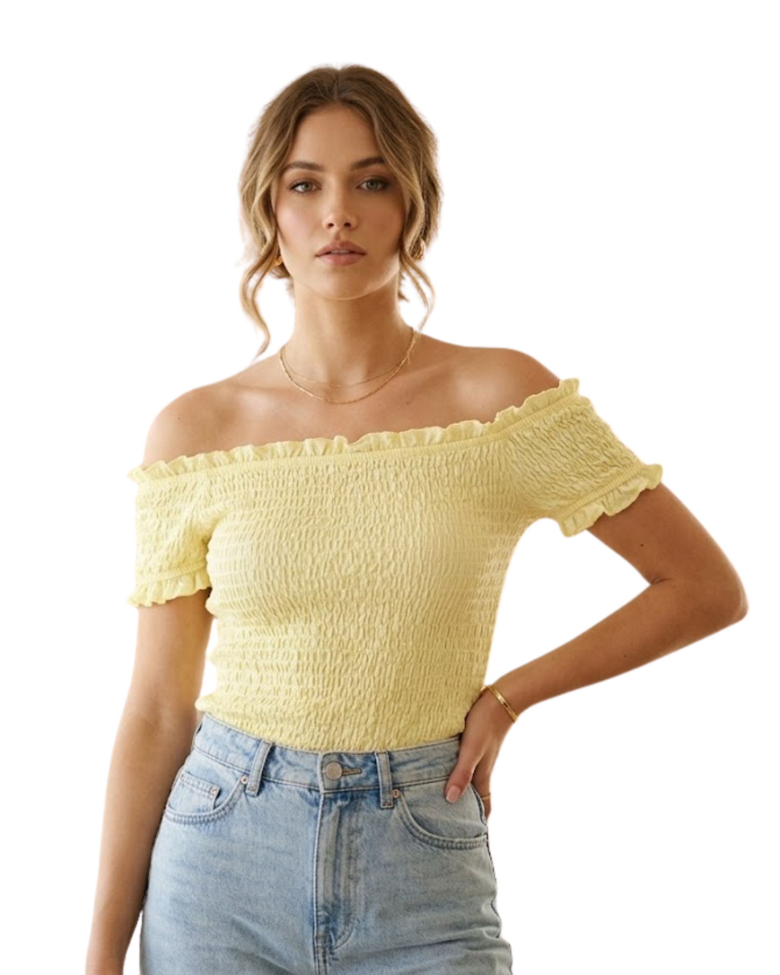 BERSHKA BSK - Soft Yellow Ruffled Smocked Crop Top