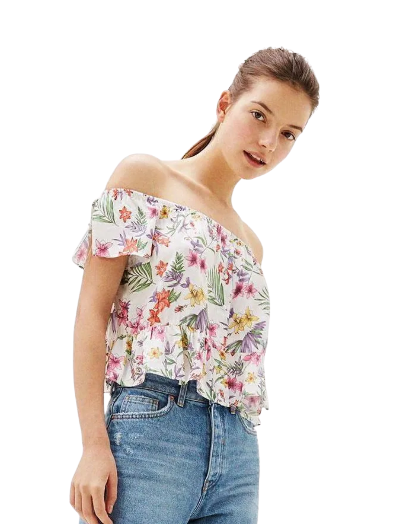 BERSHKA - Floral Off-the-Shoulder Peplum Top