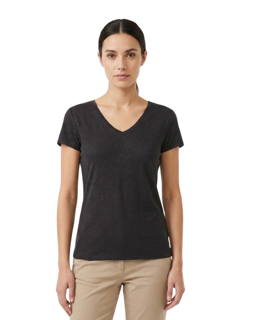 BERSHKA - Soft-Touch V-Neck Fitted Black Tee