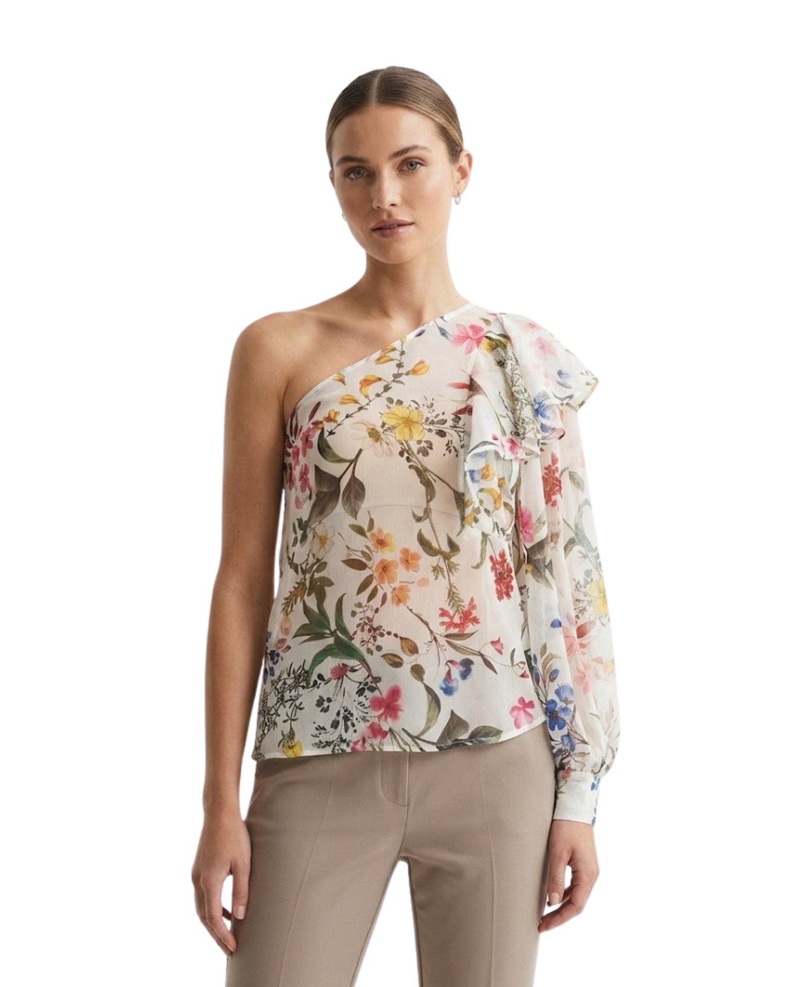 STRADIVARIUS - Floral One-Shoulder Chiffon Top