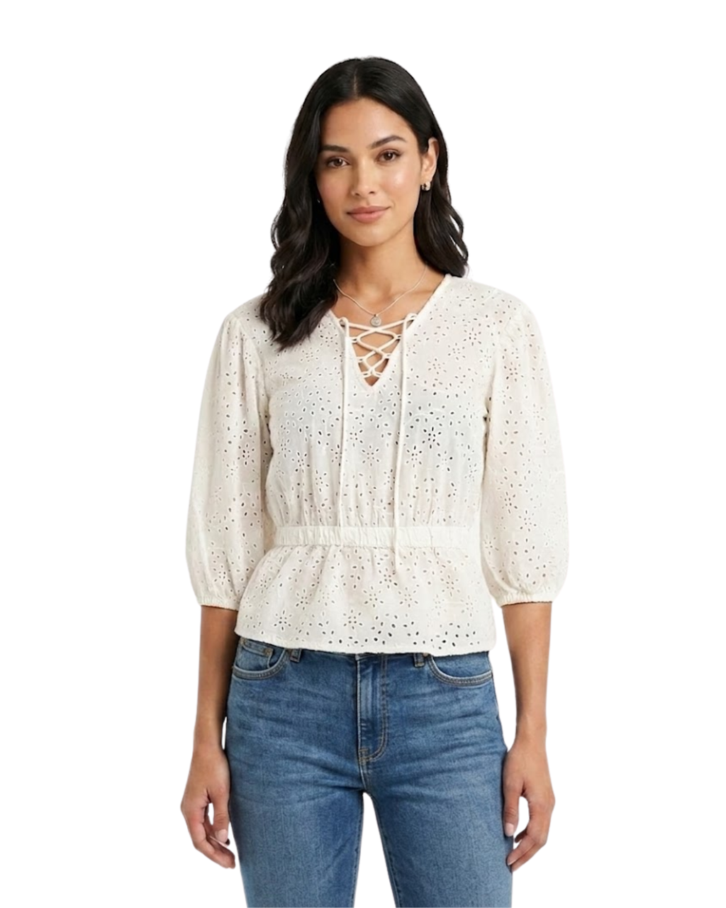 BERSHKA - Cotton Eyelet Corset-Detail Blouse