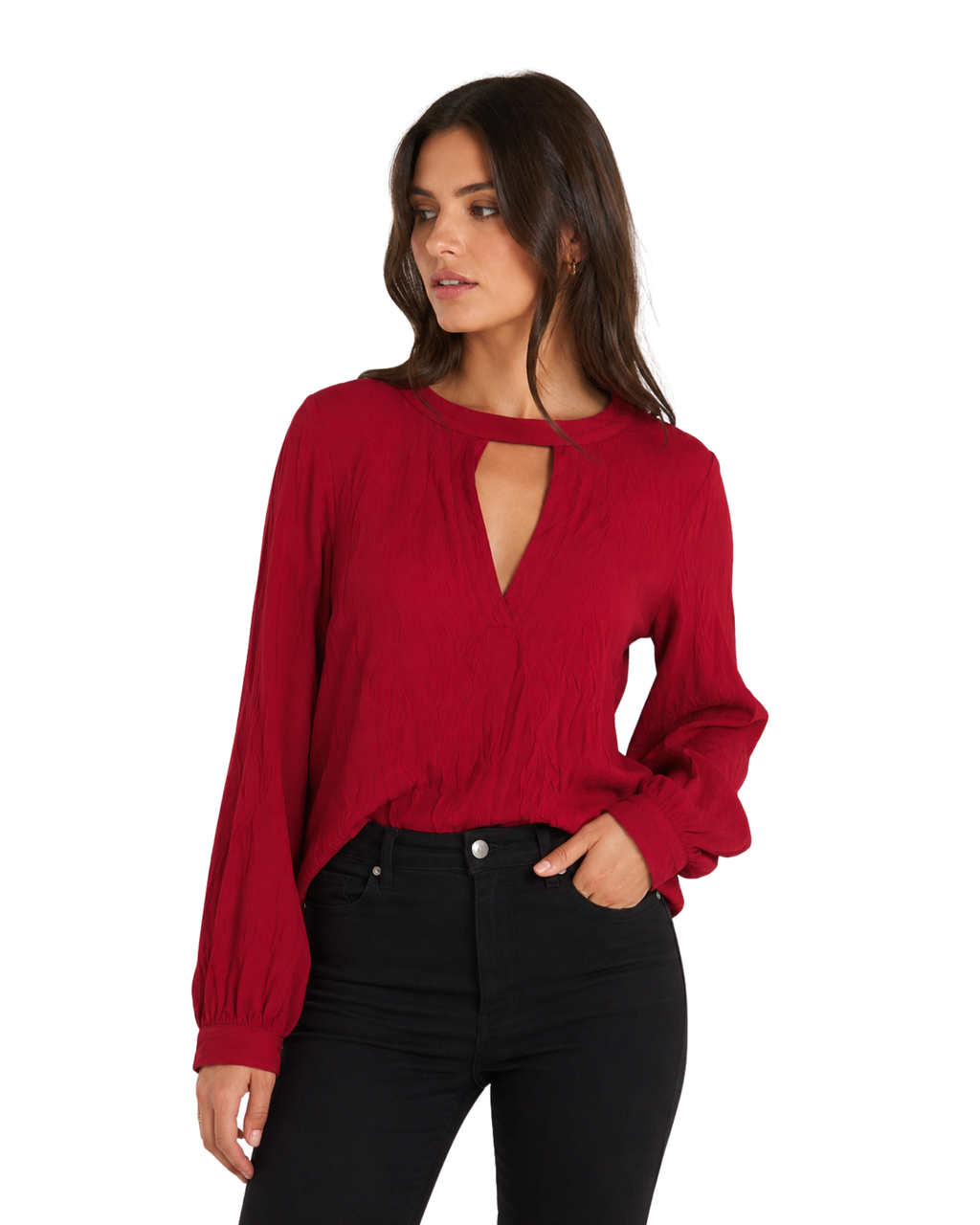 BERSHKA - Women's Crinkled Viscose Keyhole Back Long Sleeve Top