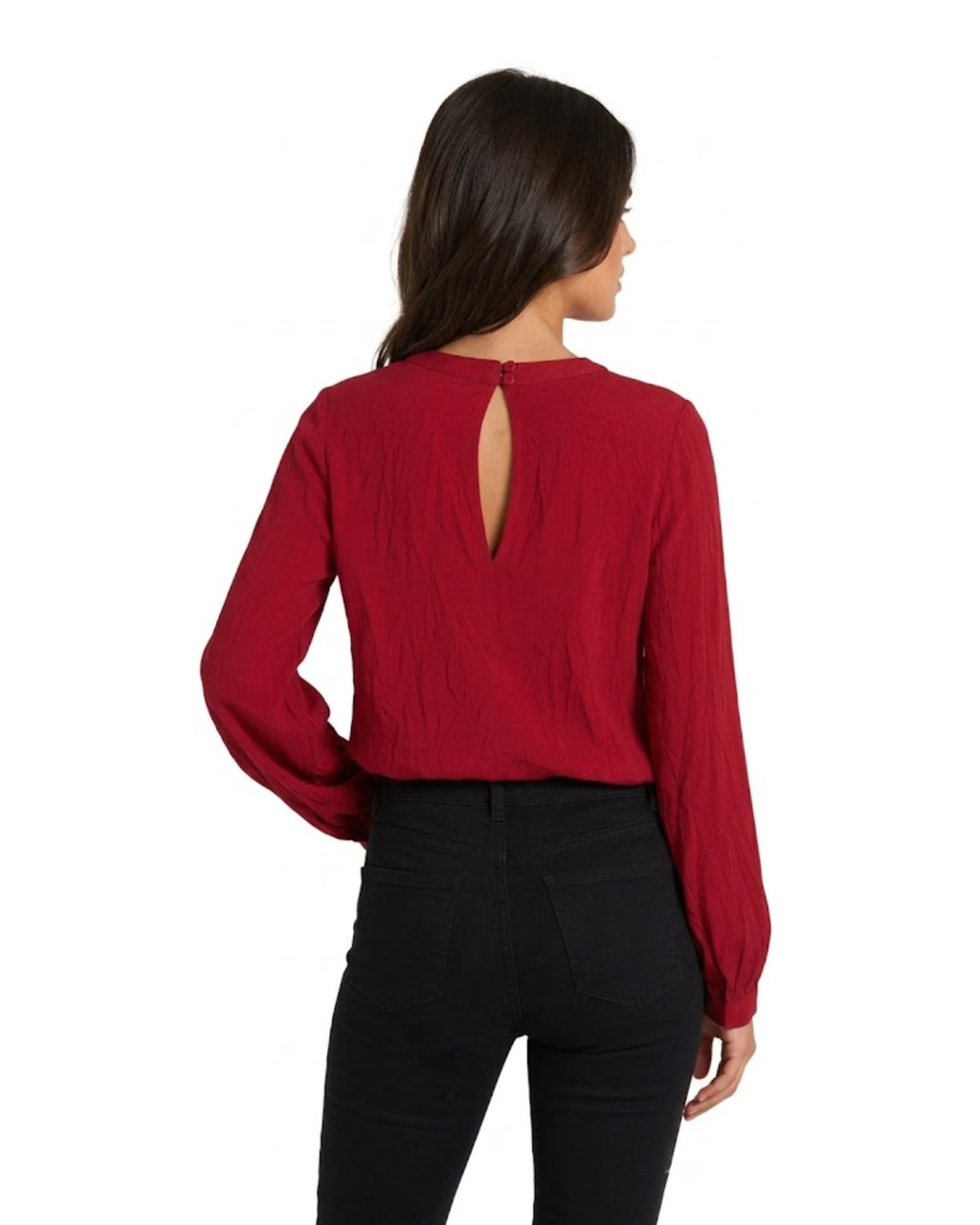 BERSHKA - Women's Crinkled Viscose Keyhole Back Long Sleeve Top