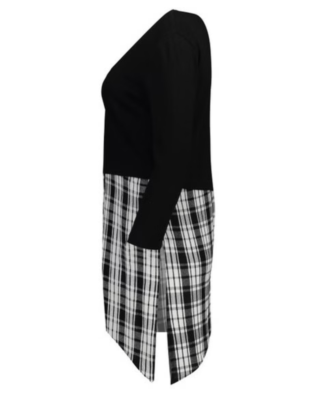 STRADIVARIUS - Black V-Neck Sweater with Plaid Asymmetrical Hem