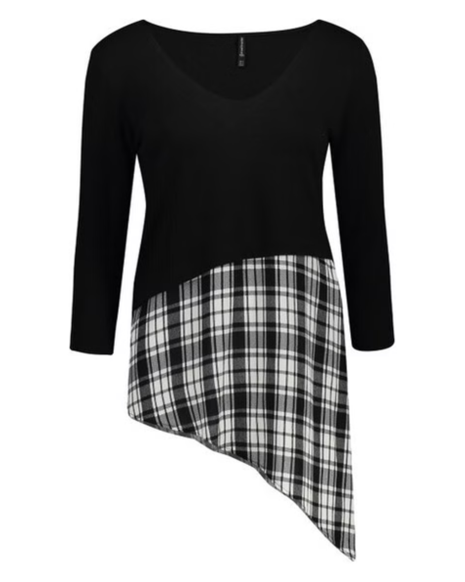 STRADIVARIUS - Black V-Neck Sweater with Plaid Asymmetrical Hem