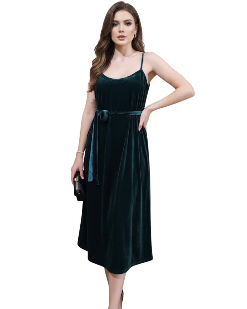 BERSHKA - Deep Green Velvet Midi Dress
