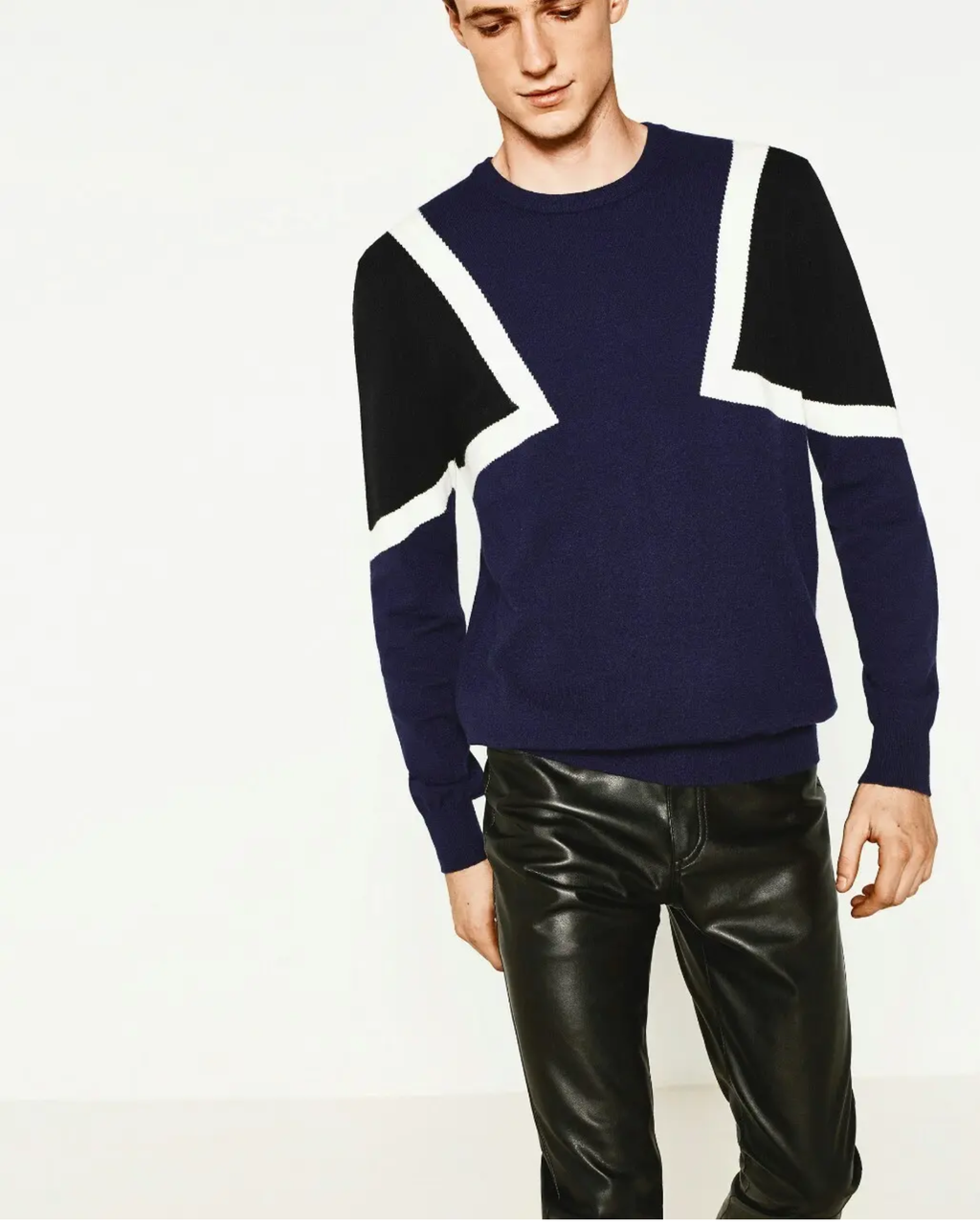 ZARA - Men's Soft Geometric Color-Block Crew Neck Sweater