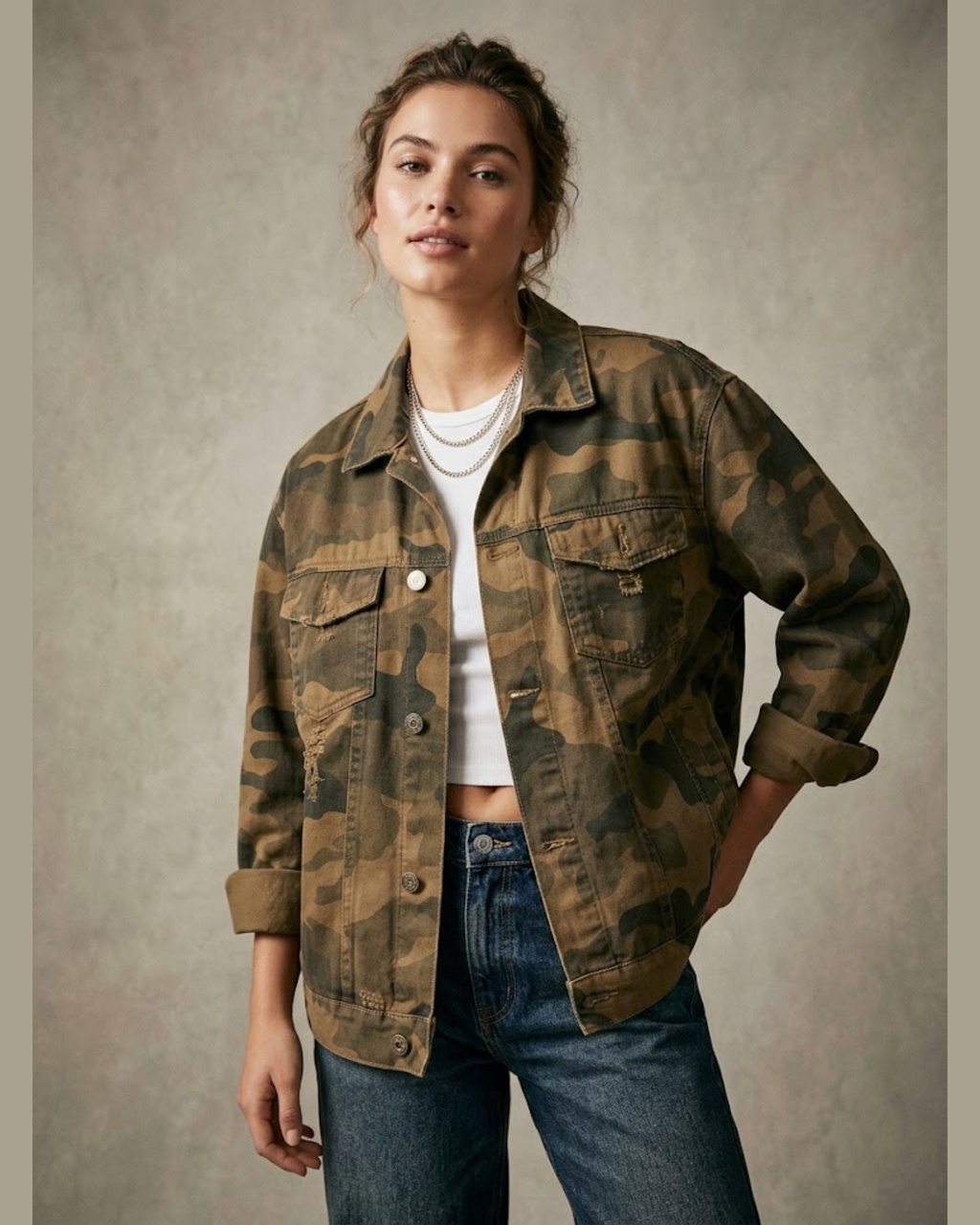 BERSHKA - 100% Cotton Camouflage Embroidered "Don't Even Care" Trucker Jacket