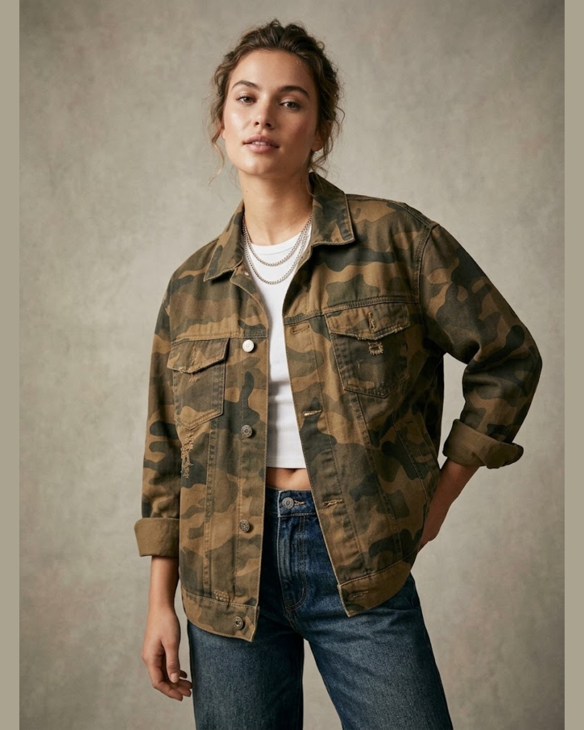 BERSHKA - 100% Cotton Camouflage Embroidered "Don't Even Care" Trucker Jacket