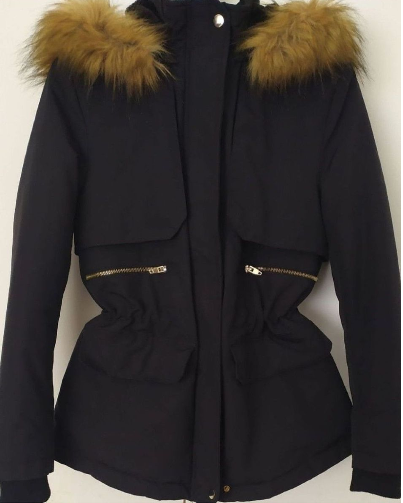 Black parka coat with fur-lined hood