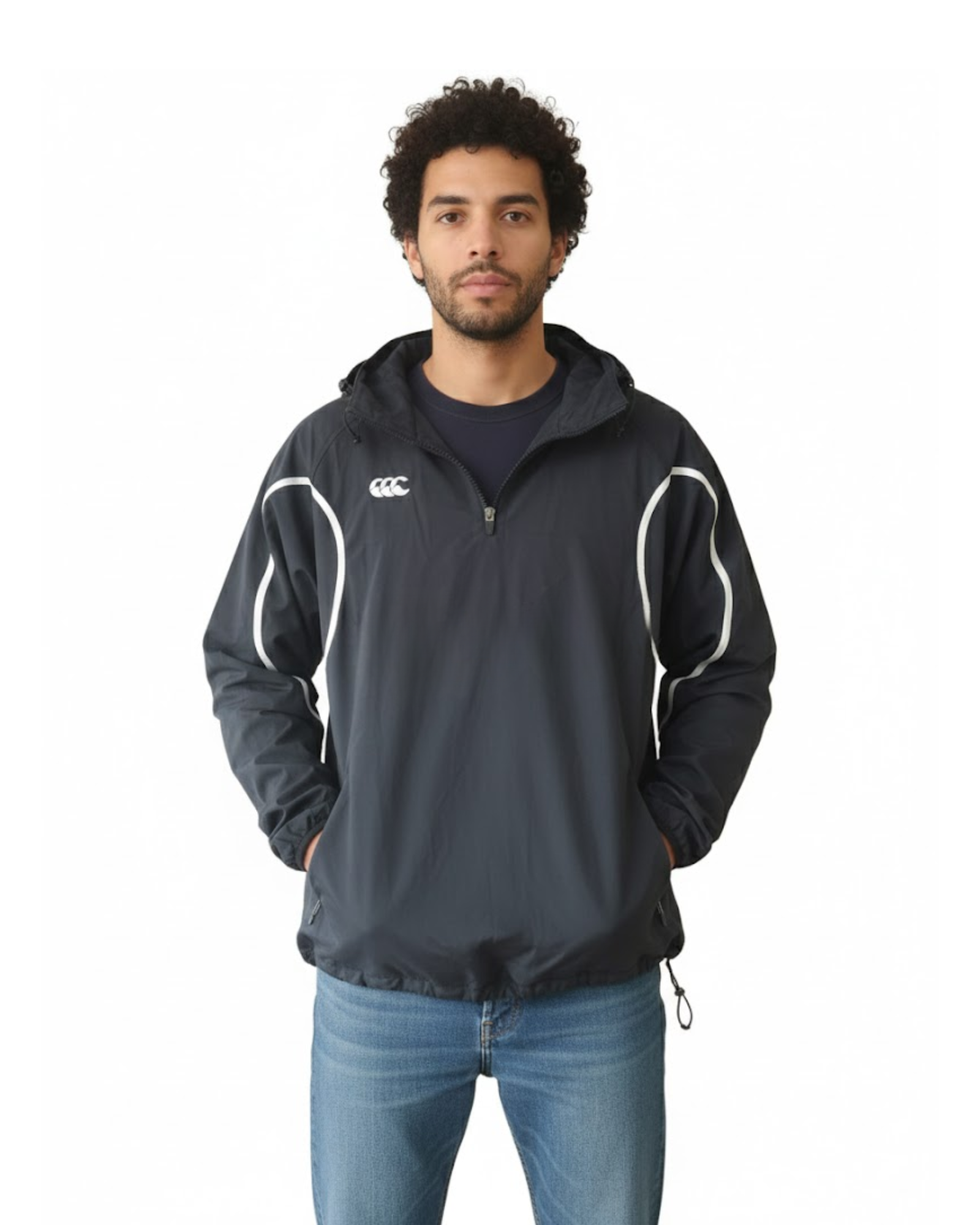 Man wearing a black jacket with white accents 