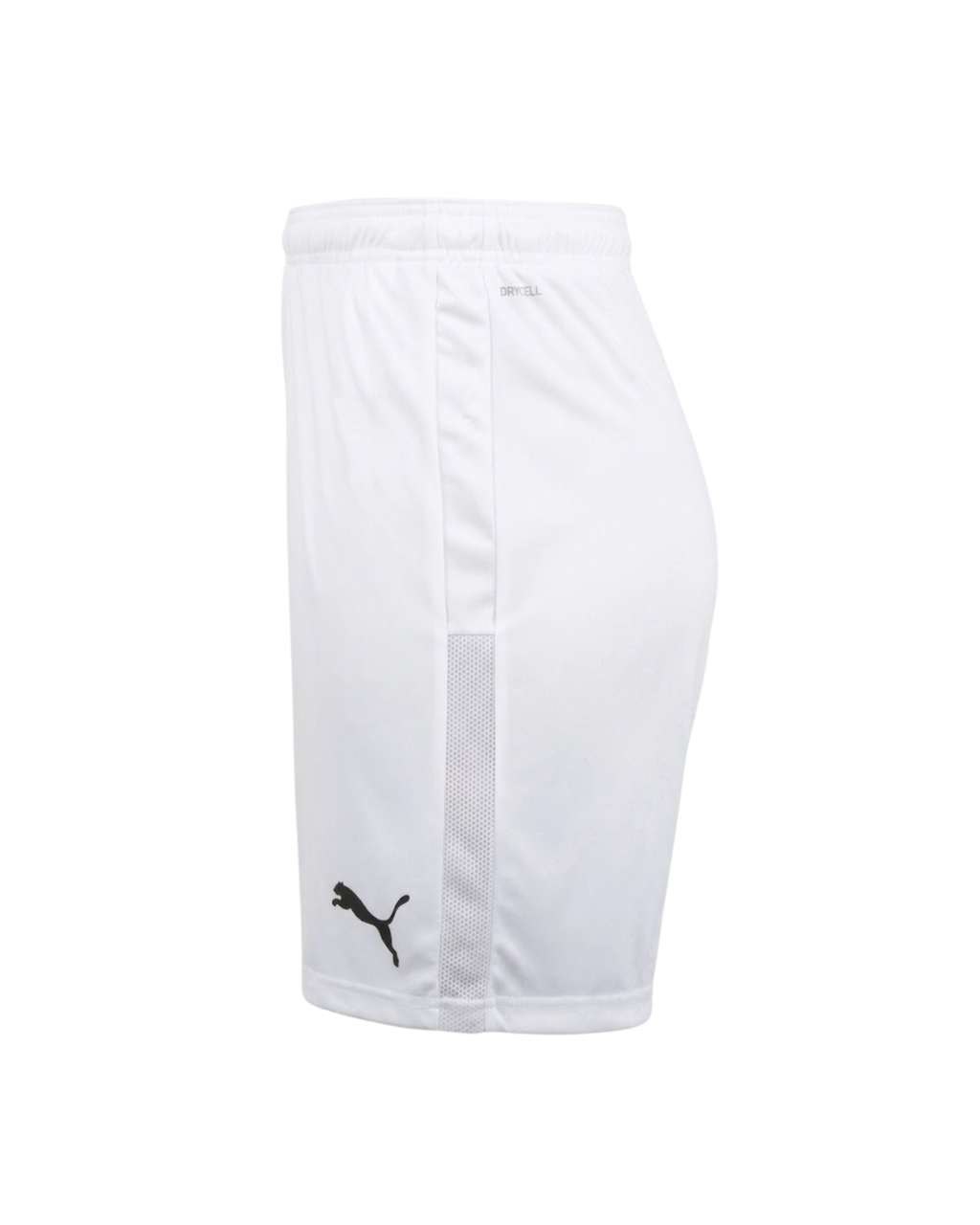 White athletic shorts with a black logo on a white background