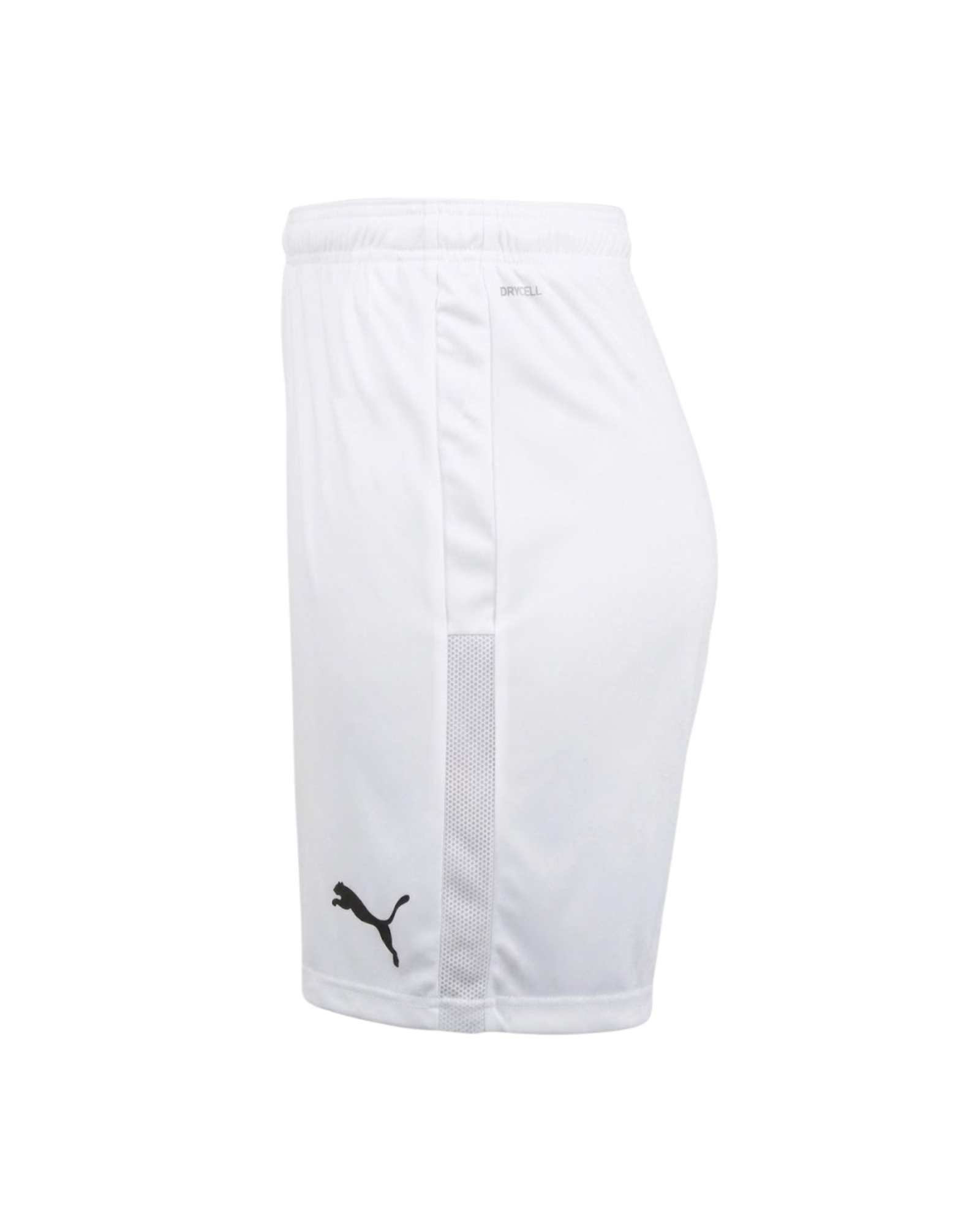 White athletic shorts with a black logo on a white background