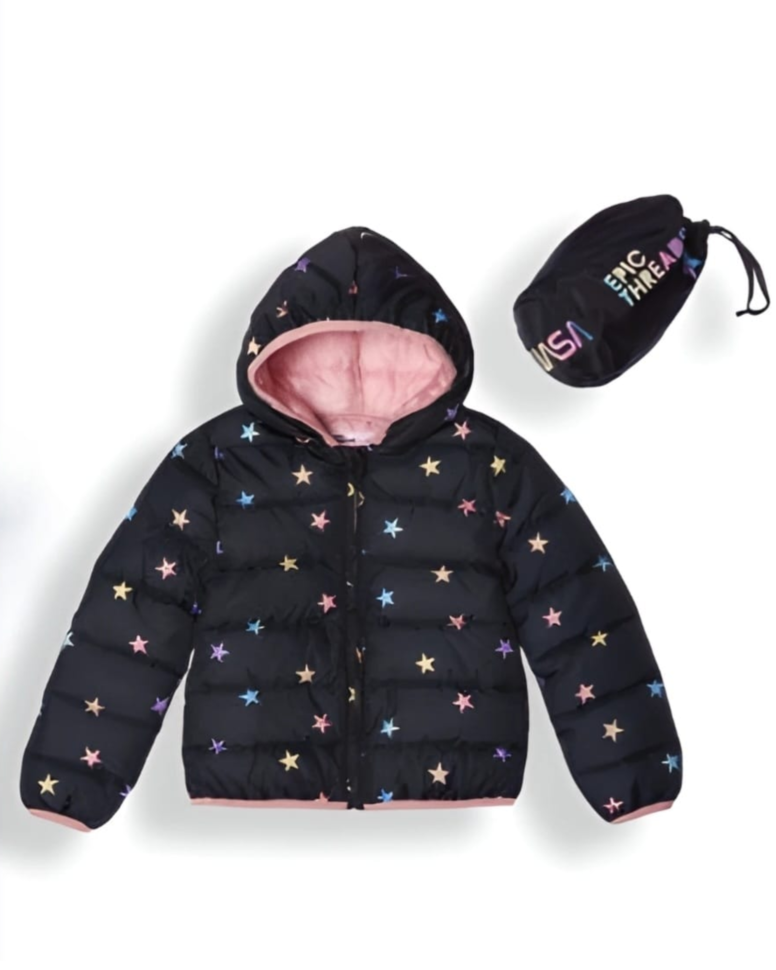 Black puffer jacket with star patterns and pink interior, paired with a matching pouch 