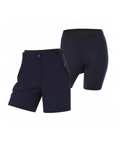 Navy blue shorts with a white background