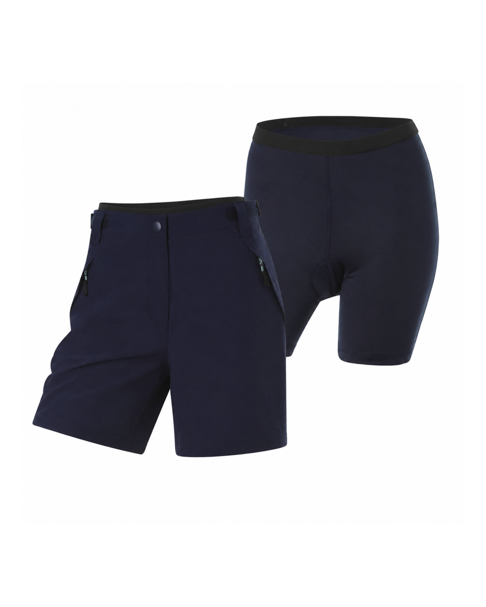 Navy blue shorts with a white background