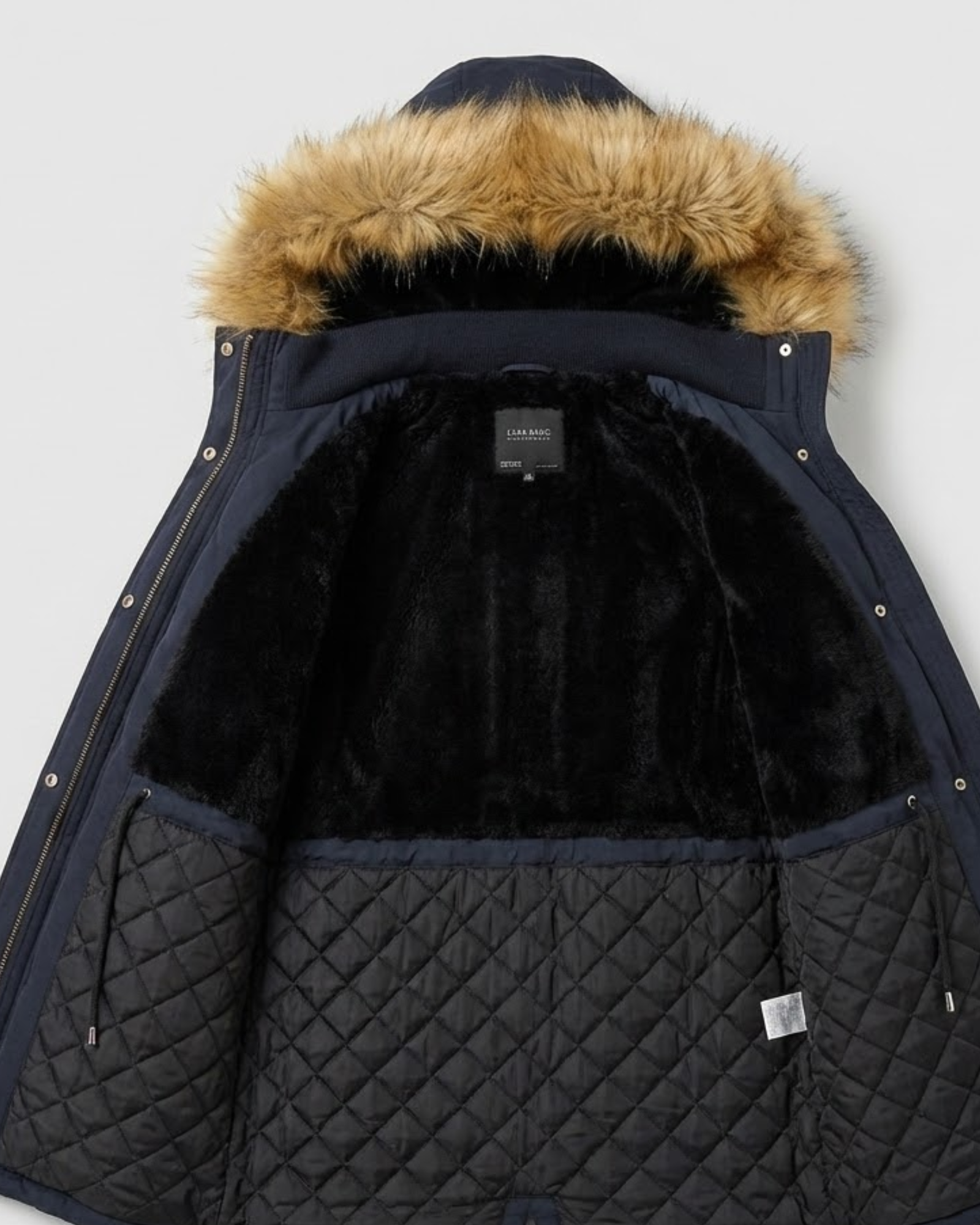 Navy blue jacket with quilted lining and fur-lined hood 