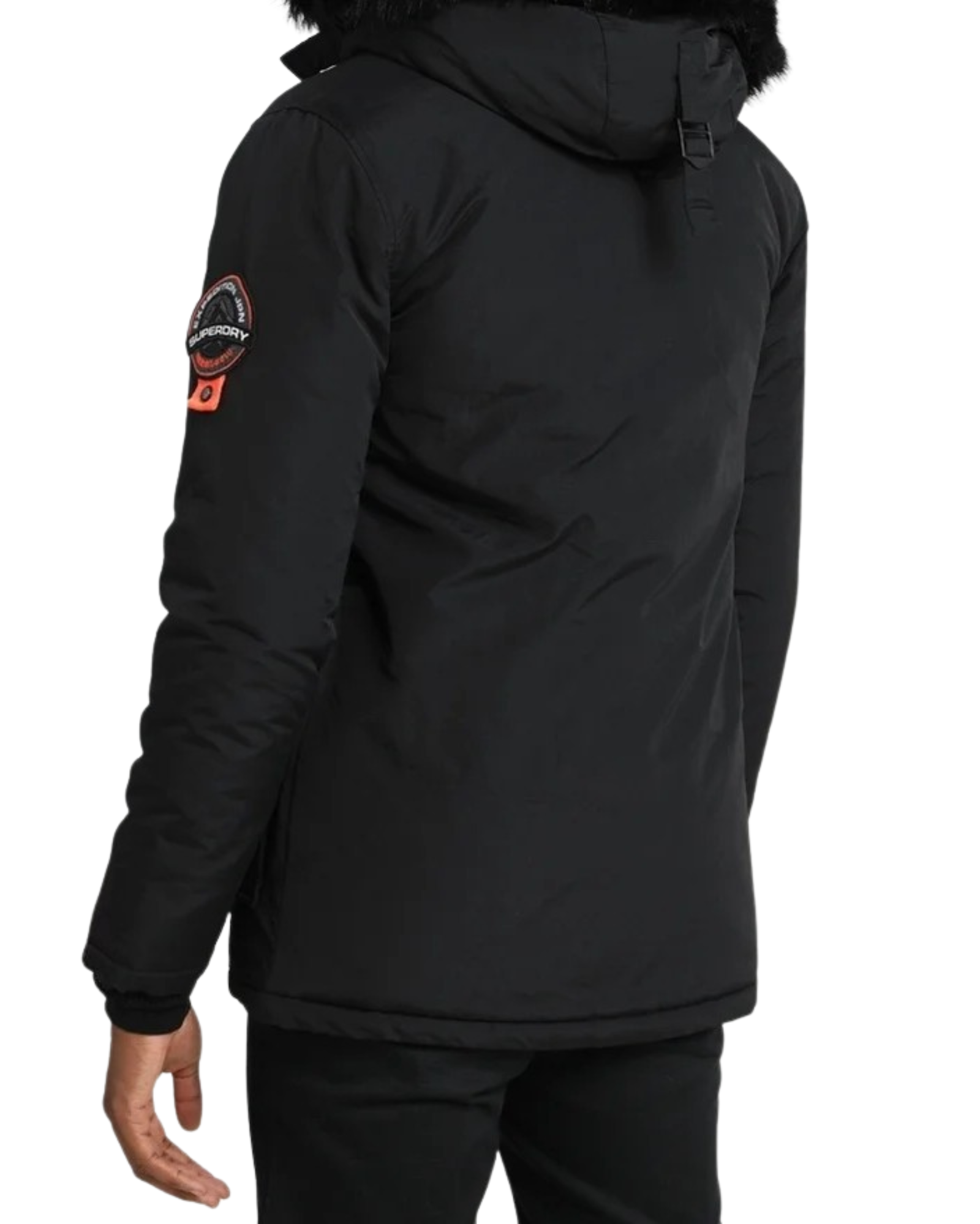 Black winter jacket with a patch on the sleeve