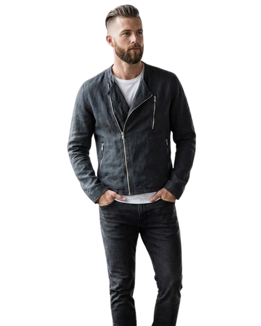 Man wearing a dark Linen jacket and jeans. This Jacket is perfect for bikers in spring summer season 