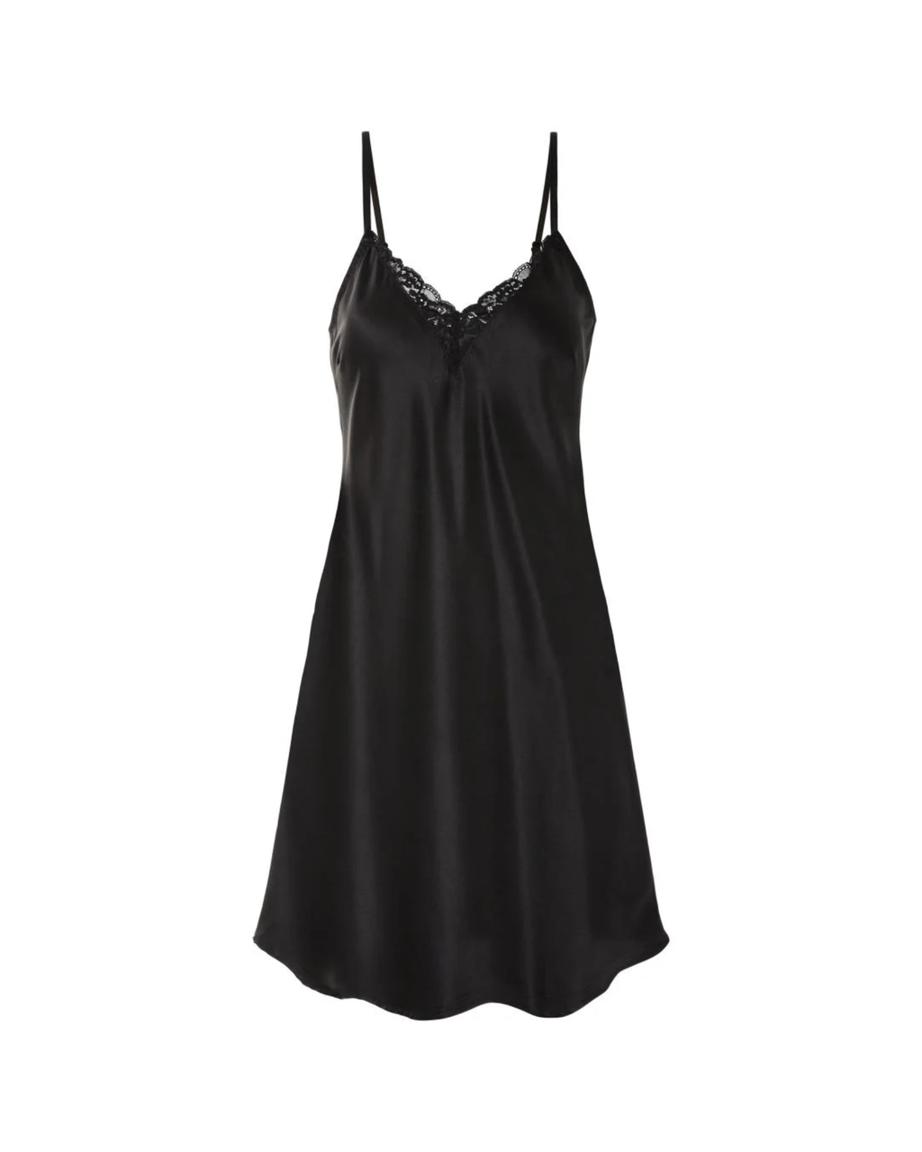 Black satin slip dress on a white background