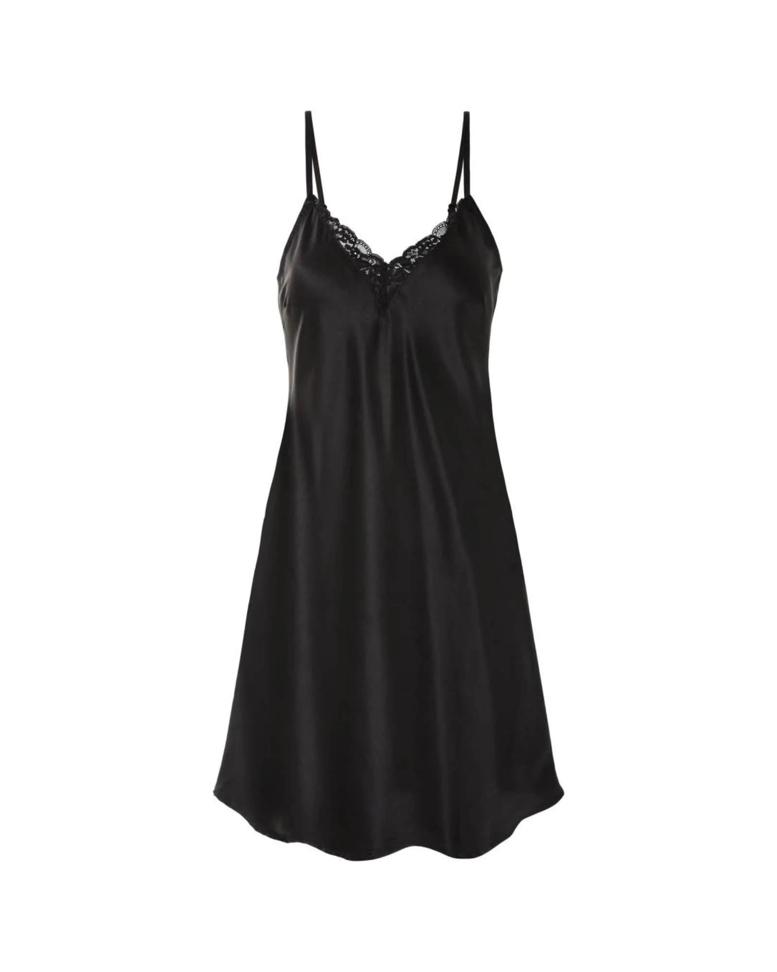 Black satin slip dress on a white background