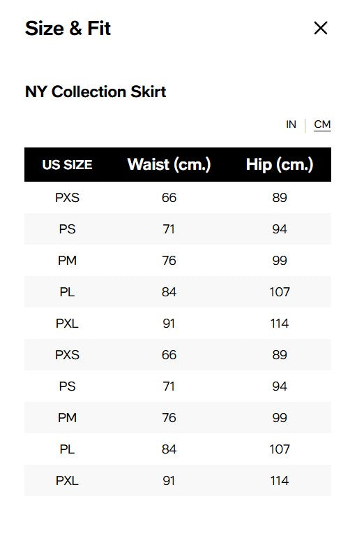 NY Collection skirt size chart