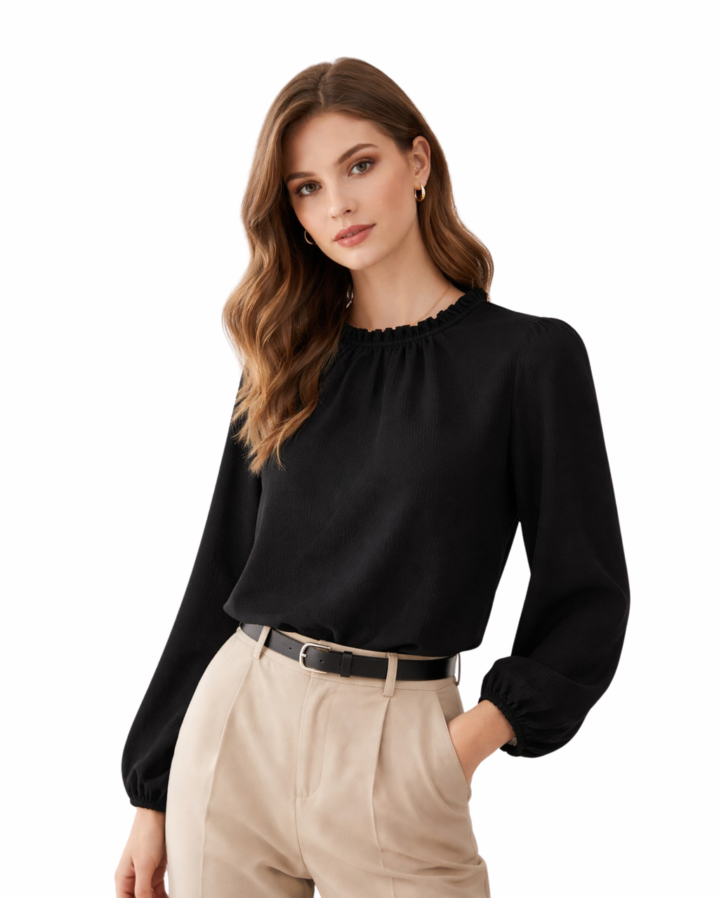 Woman wearing a black blouse and beige pants on a white background