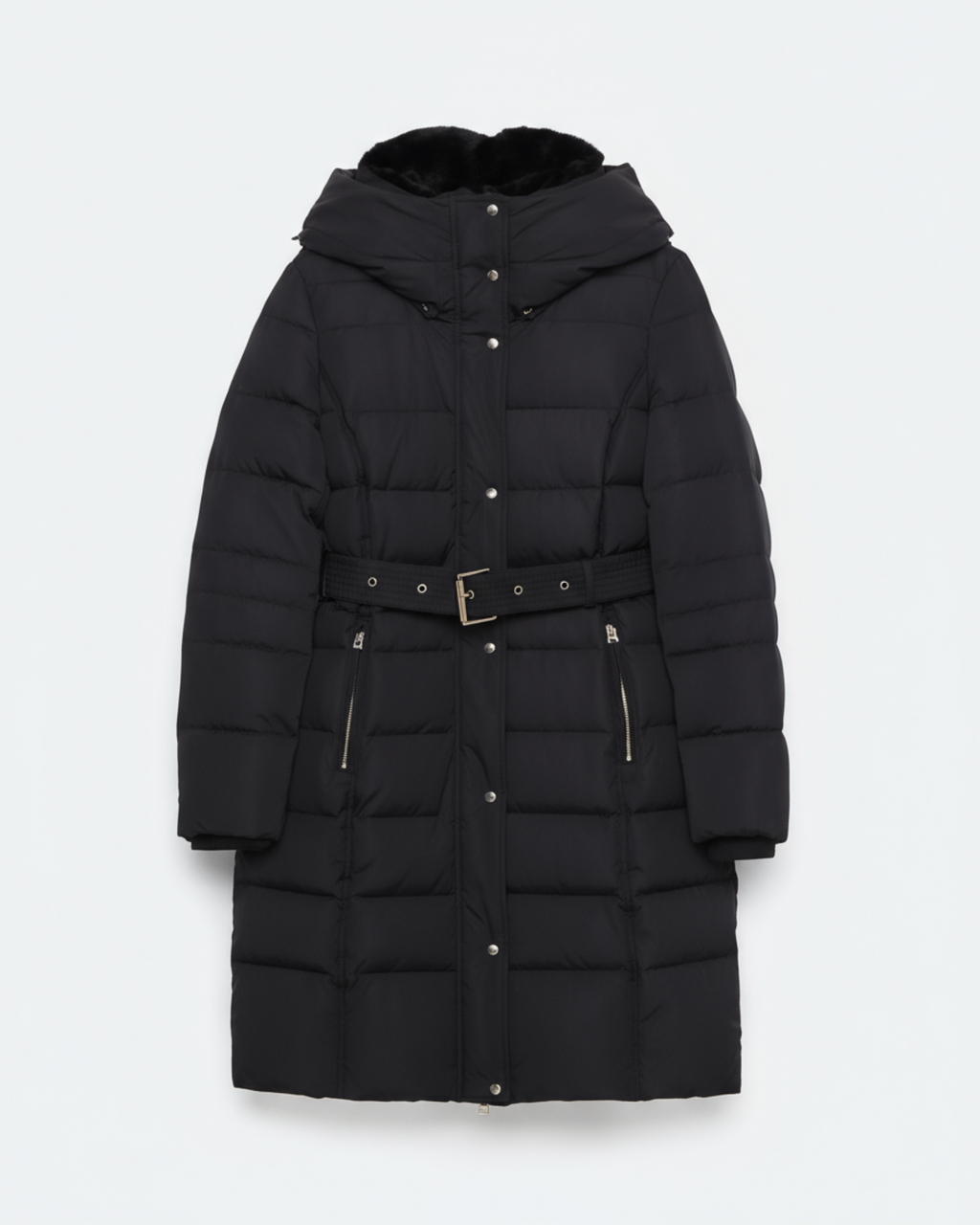 Black puffer coat with a belt on a white background