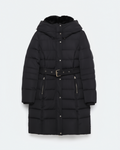 Black puffer coat with a belt on a white background