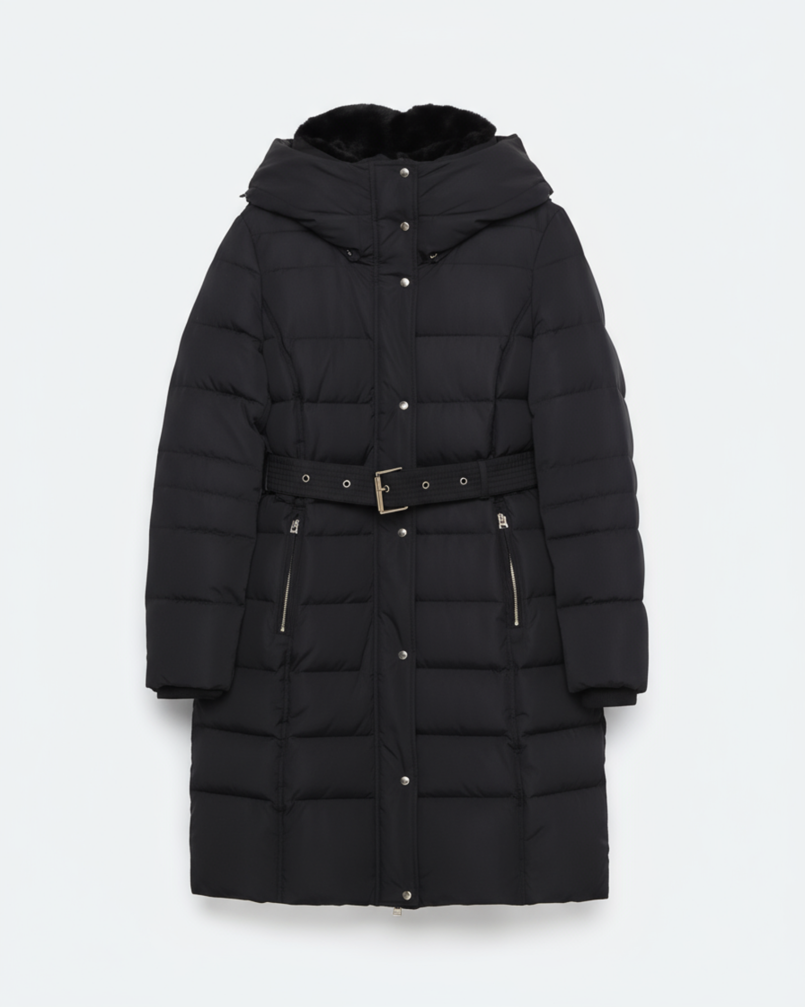 Black puffer coat with a belt on a white background