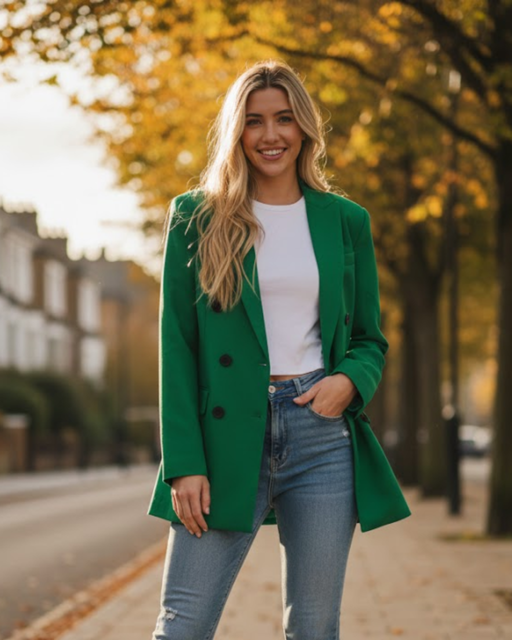 Woman wearing a green coat and white shirt in an urban setting with trees in the background