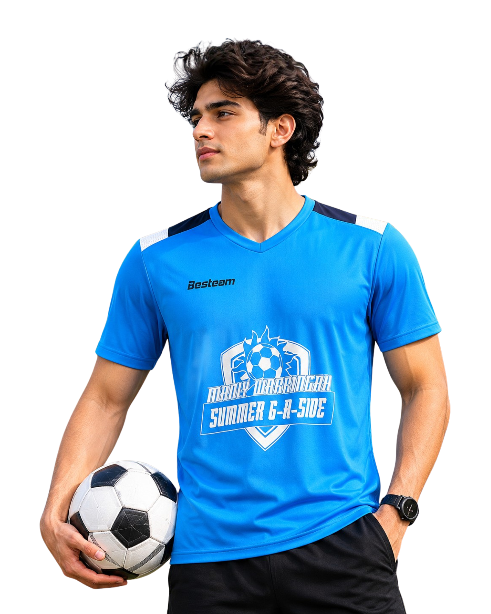 Man wearing a blue sports jersey holding a soccer ball on a white background