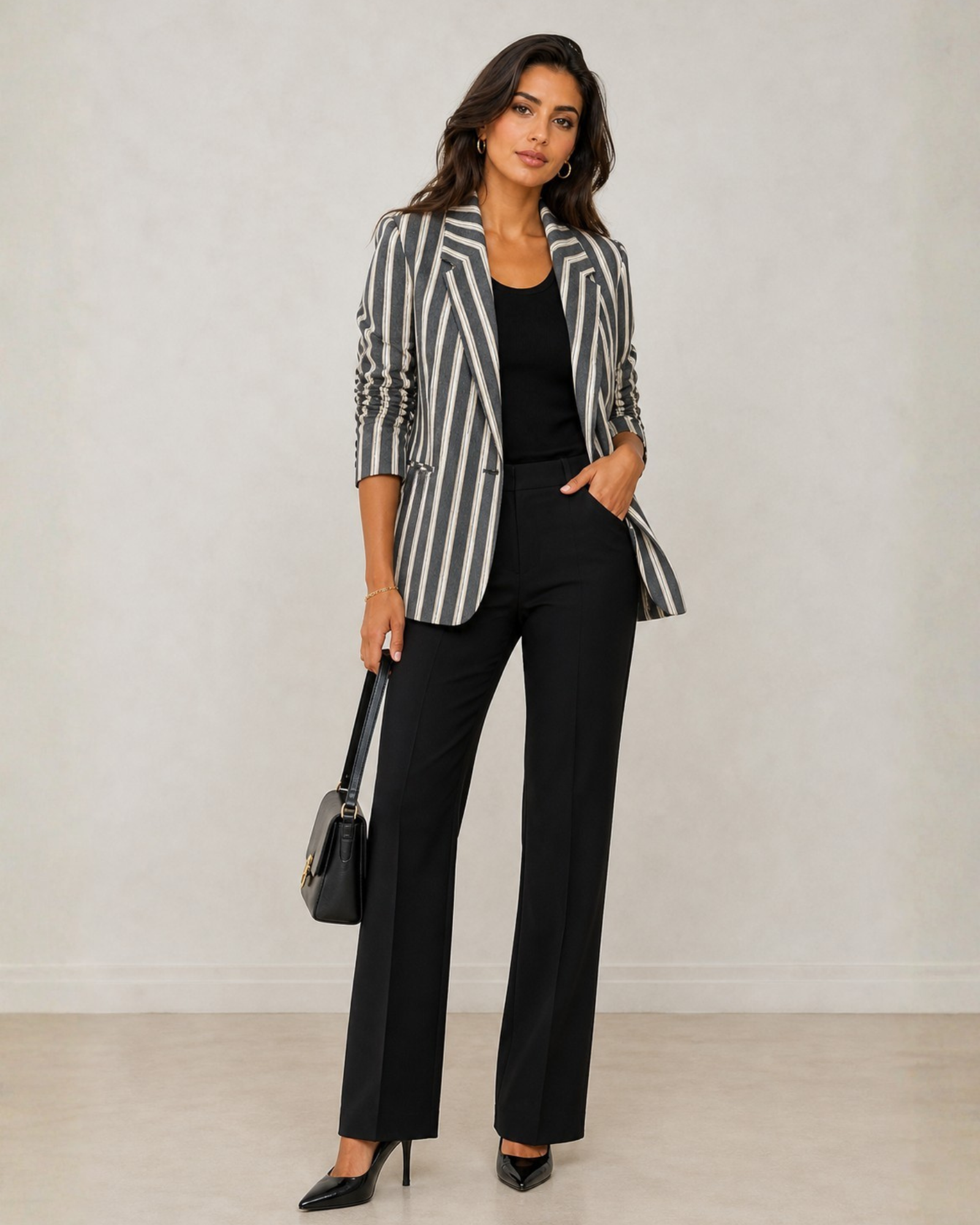 Woman wearing a striped blazer and black pants against a plain background